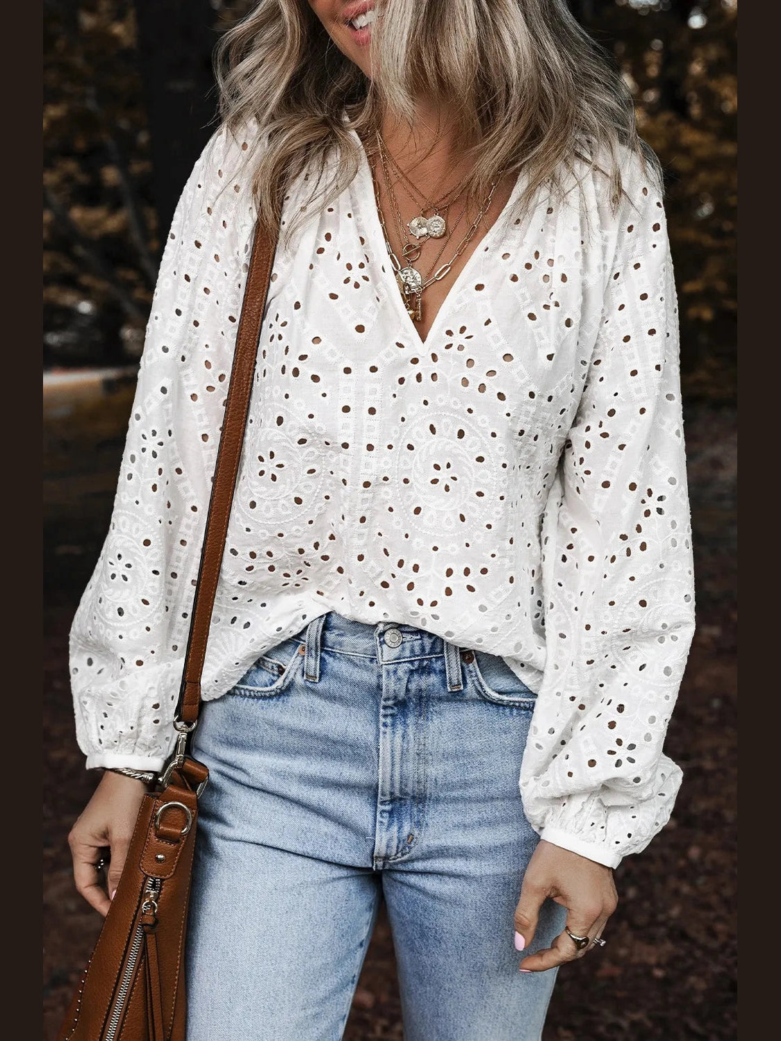 Eyelet V-Neck Long Sleeve Blouse NicholesGifts