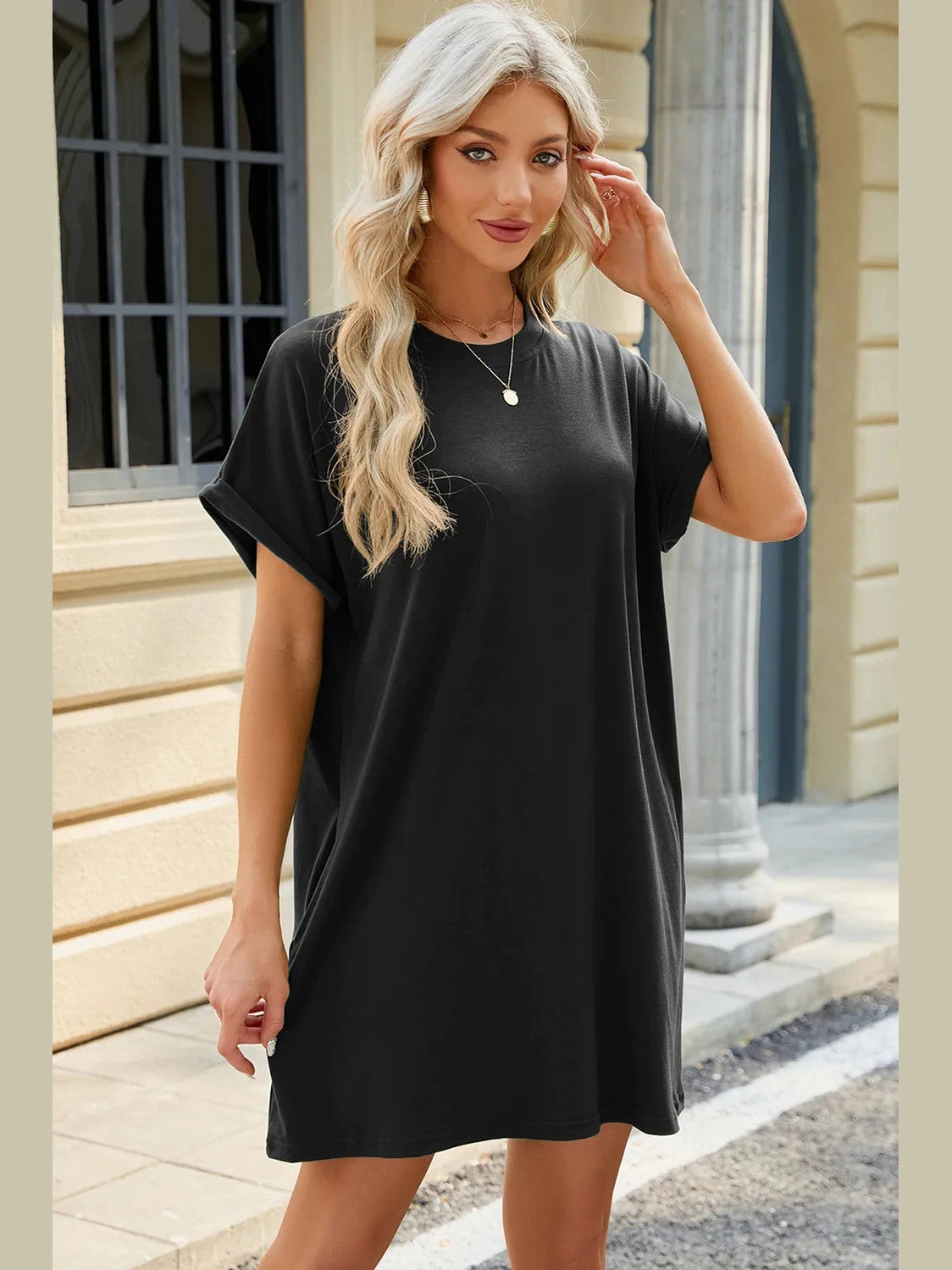 Round Neck Rolled Short Sleeve Tee Dress nicholesgifts