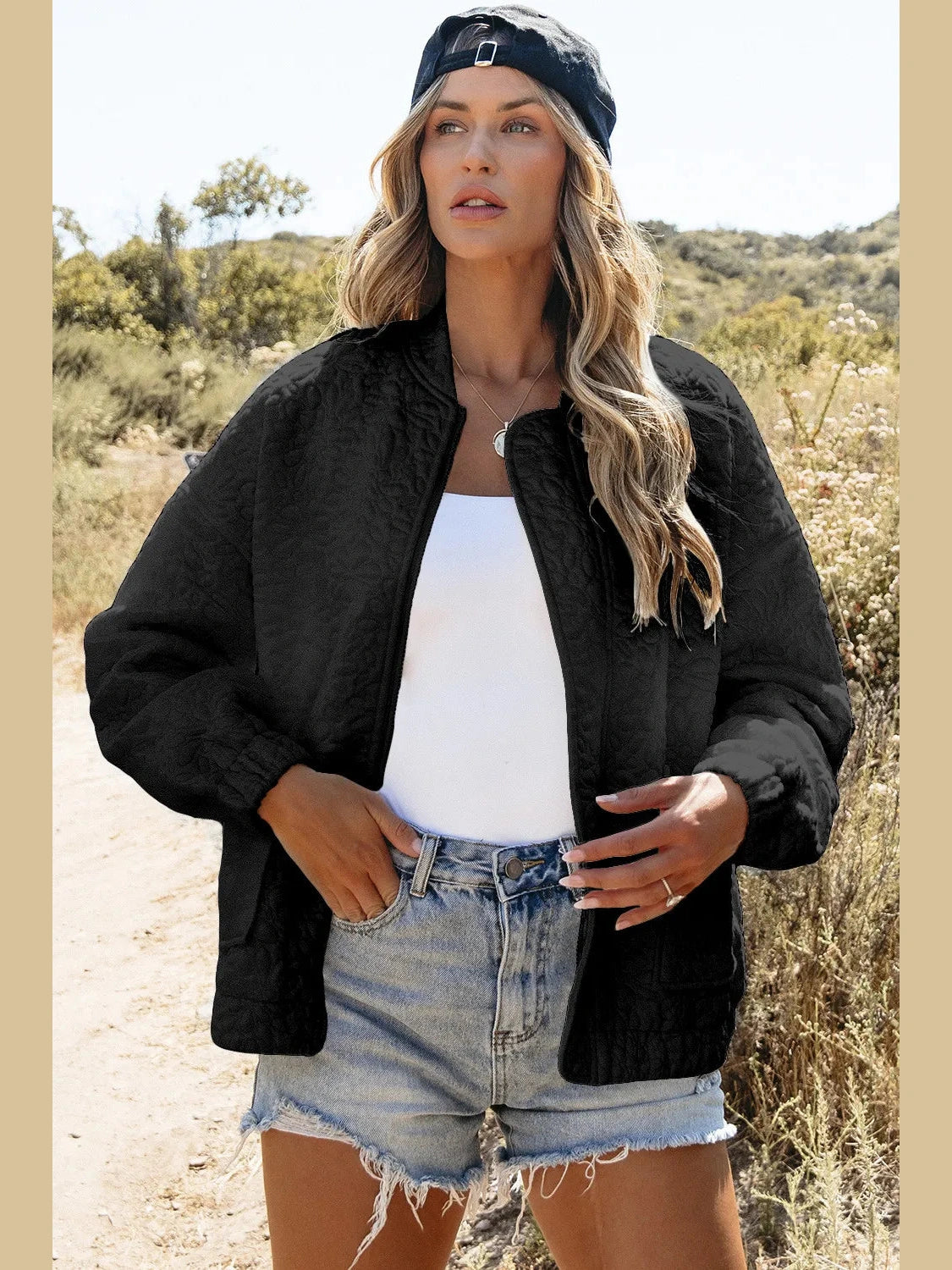 Baseball Collar Floral Quilted Jacket