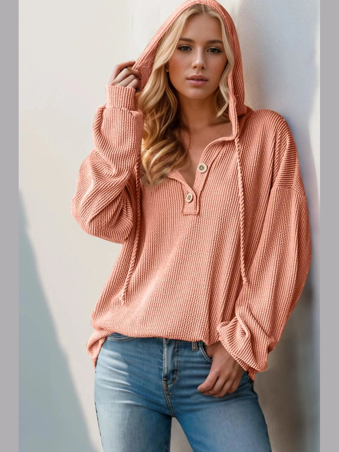 Double Take Full Size Half Button Long Sleeve Hoodie Trendsi