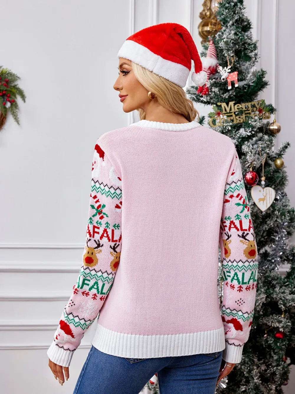 Christmas Element Round Neck Long Sleeve Sweater Trendsi