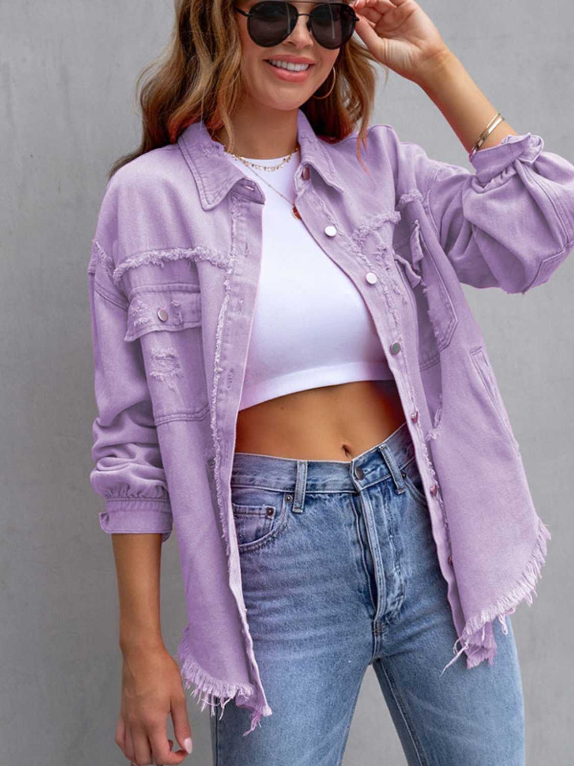 Distressed Drop Shoulder Denim Jacket nicholesgifts
