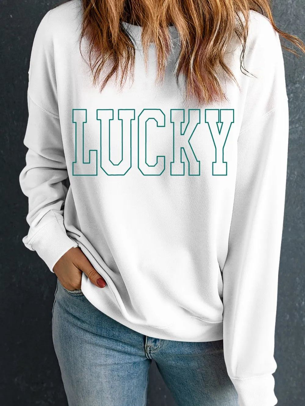 LUCKY Graphic Round Neck Long Sleeve Sweatshirt nicholesgifts