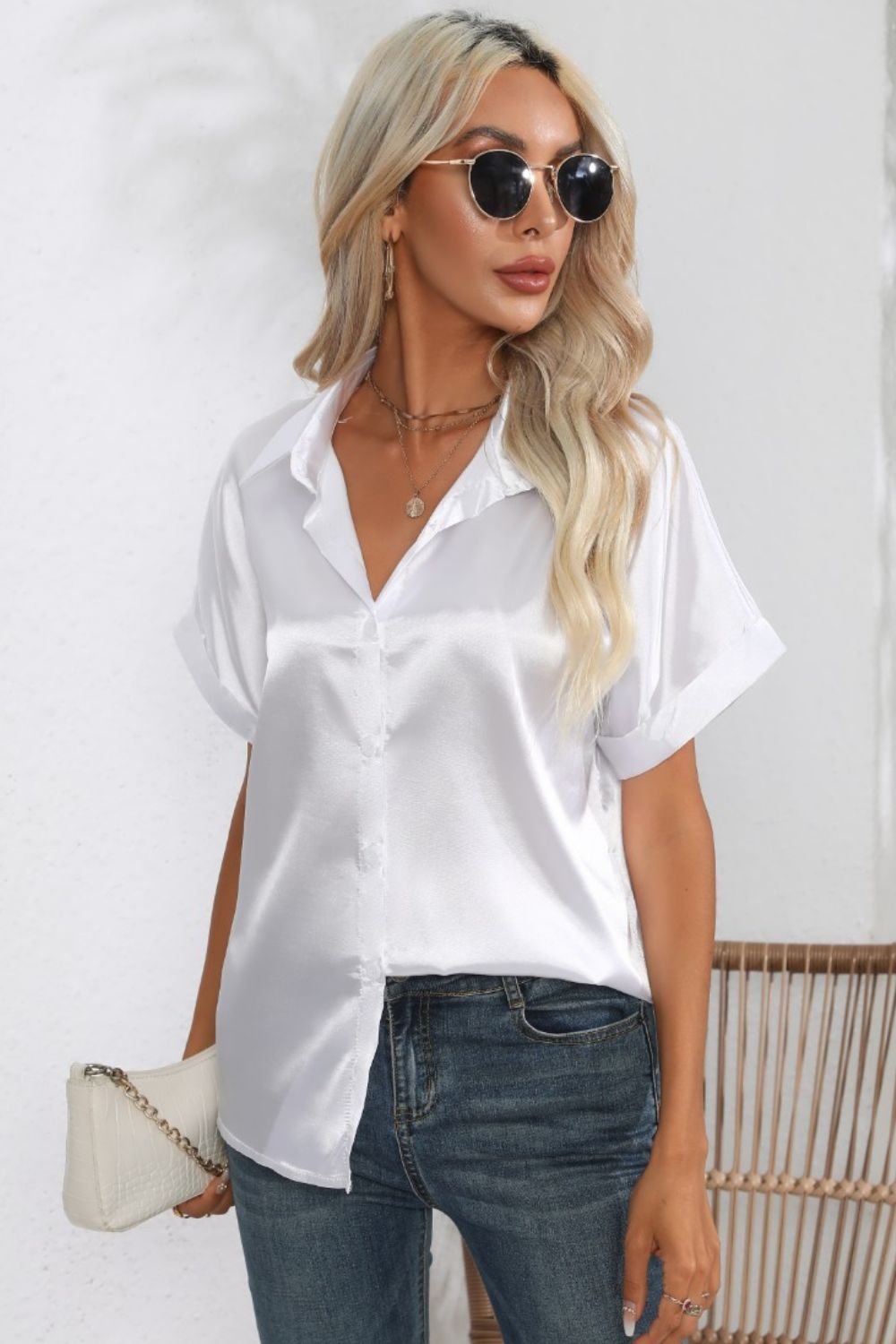 Women Collared Neck Short Sleeve Shirt nicholesgifts