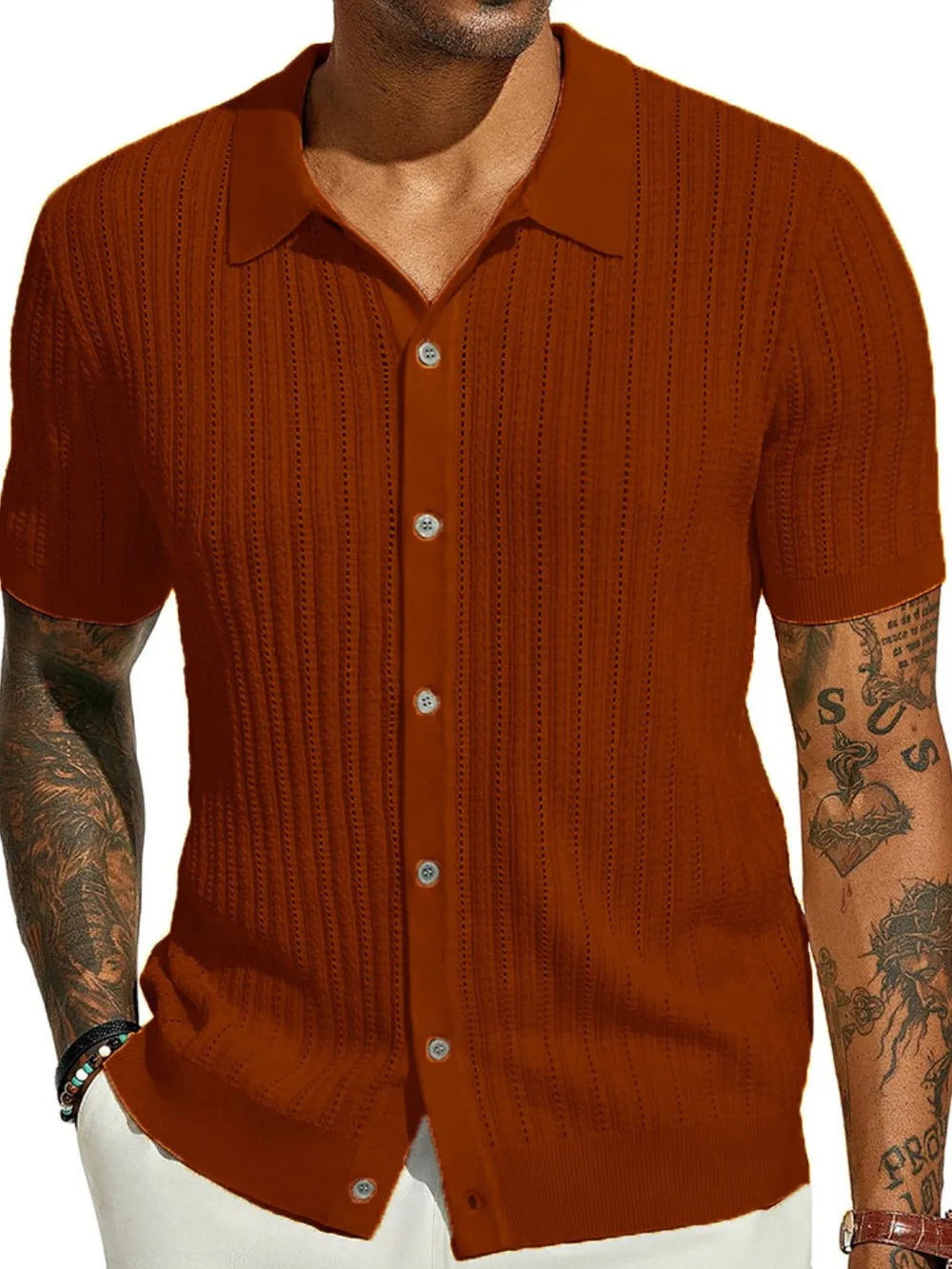 Men's Full Size Openwork Button Down Collared Neck Shirt Plus Size NicholesGifts