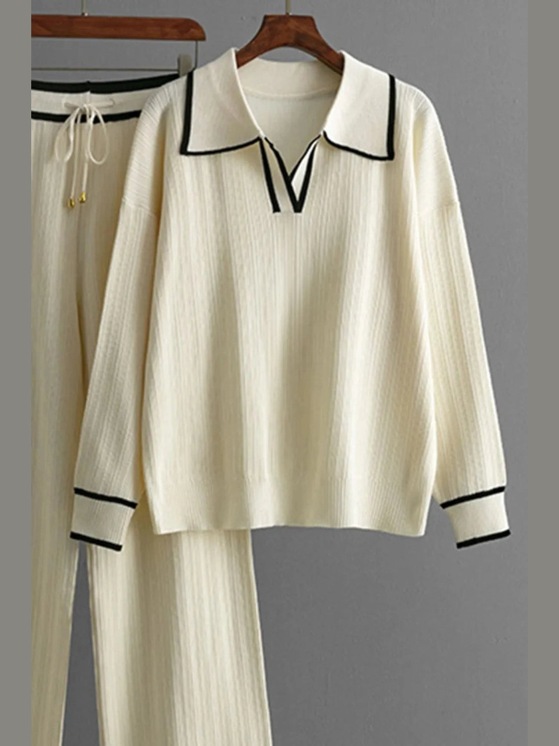Contrast Trim Johnny Collar Top and Drawstring Pants Sweater Set nicholesgifts