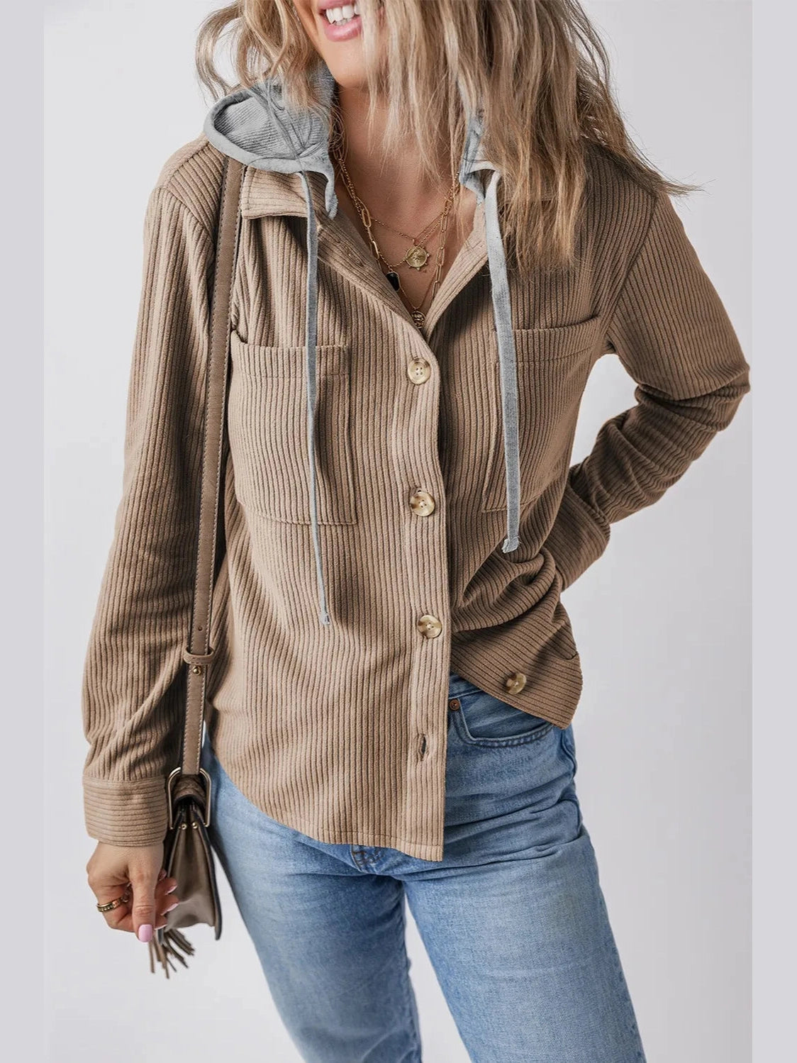 Drawstring Button Up Long Sleeve Hooded Jacket nicholesgifts
