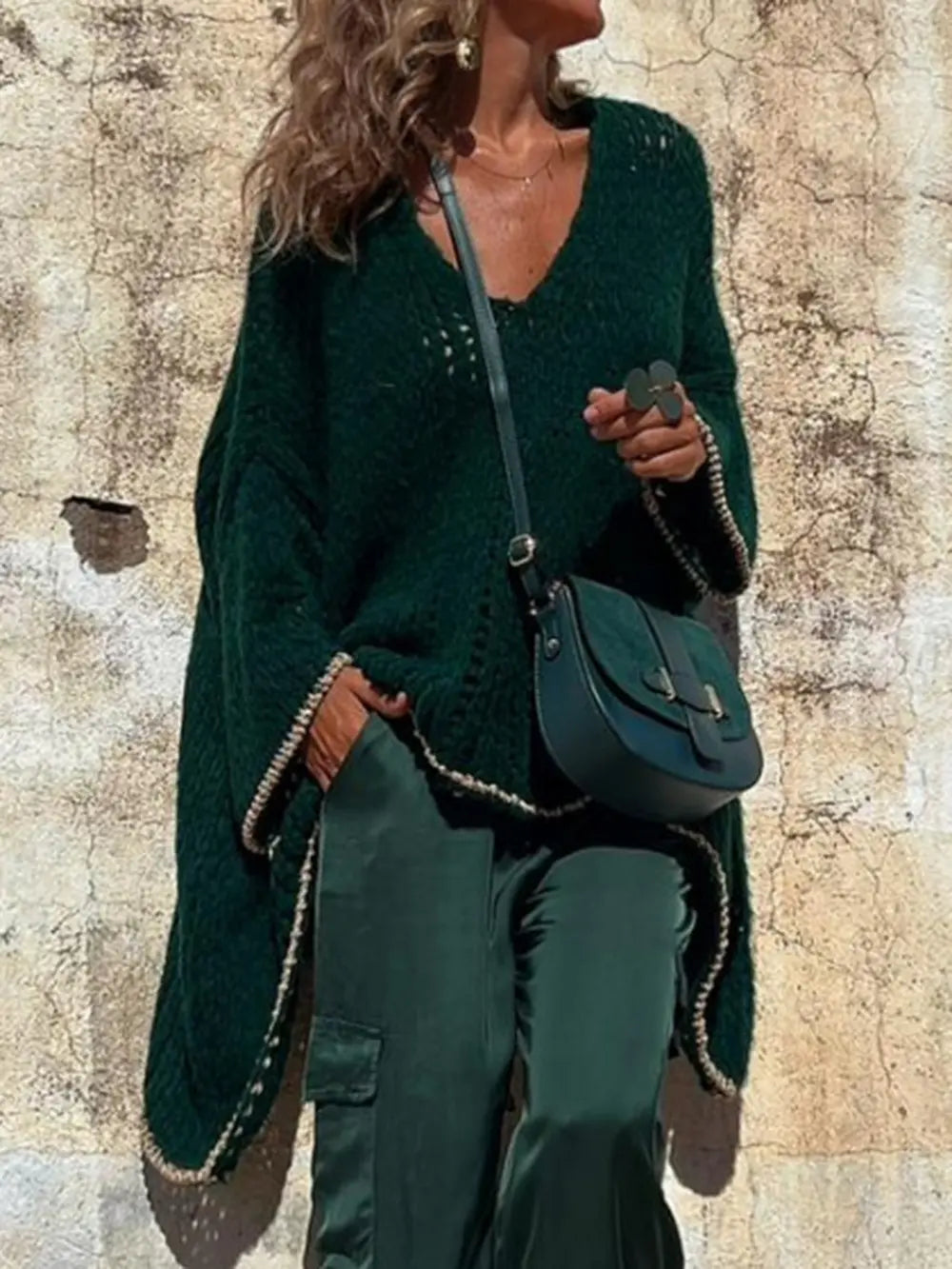 Contrast V-Neck Long Sleeve Sweater Trendsi