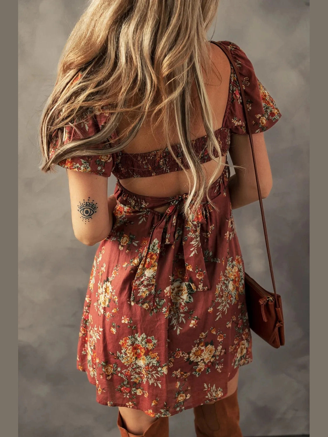 Floral Puff Sleeve Square Neck Knot Open Back Mini Dress NicholesGifts