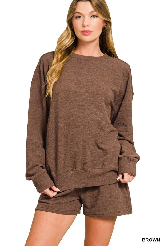 Zenana Slub Long Sleeve Top and Shorts Set Trendsi