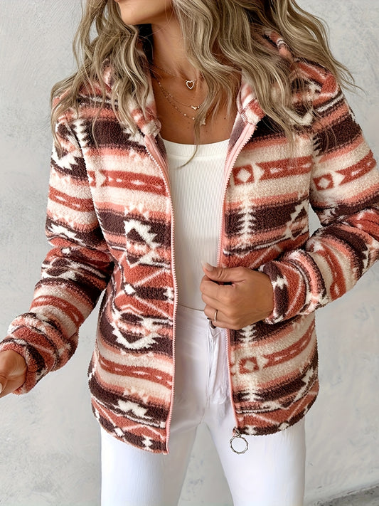 NicholesGifts Women Geometric Zip Up Long Sleeve Hooded Jacket