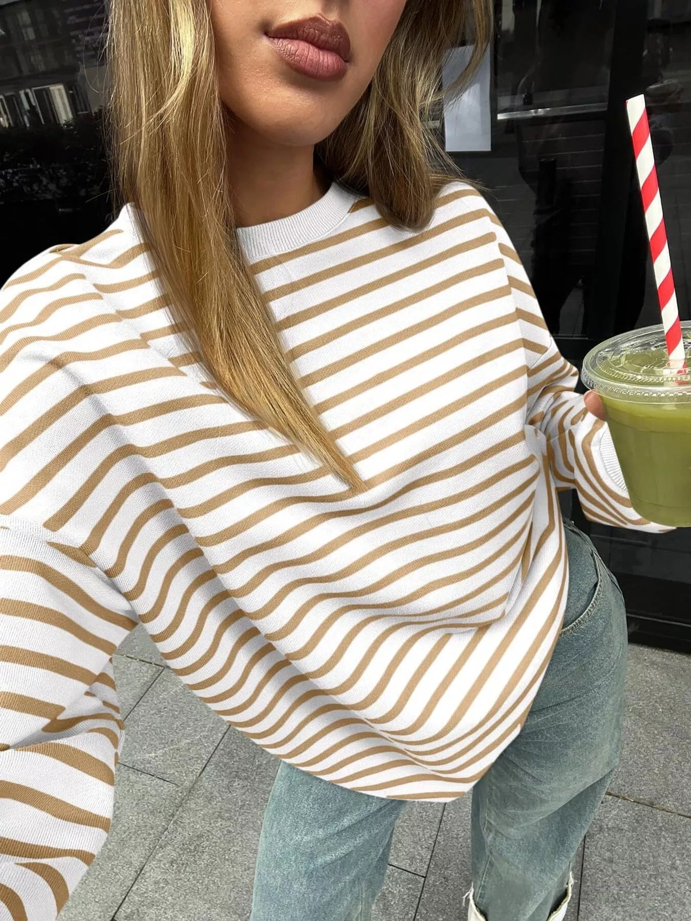 Striped Round Neck Oversized Casual Sweatshirt Trendsi
