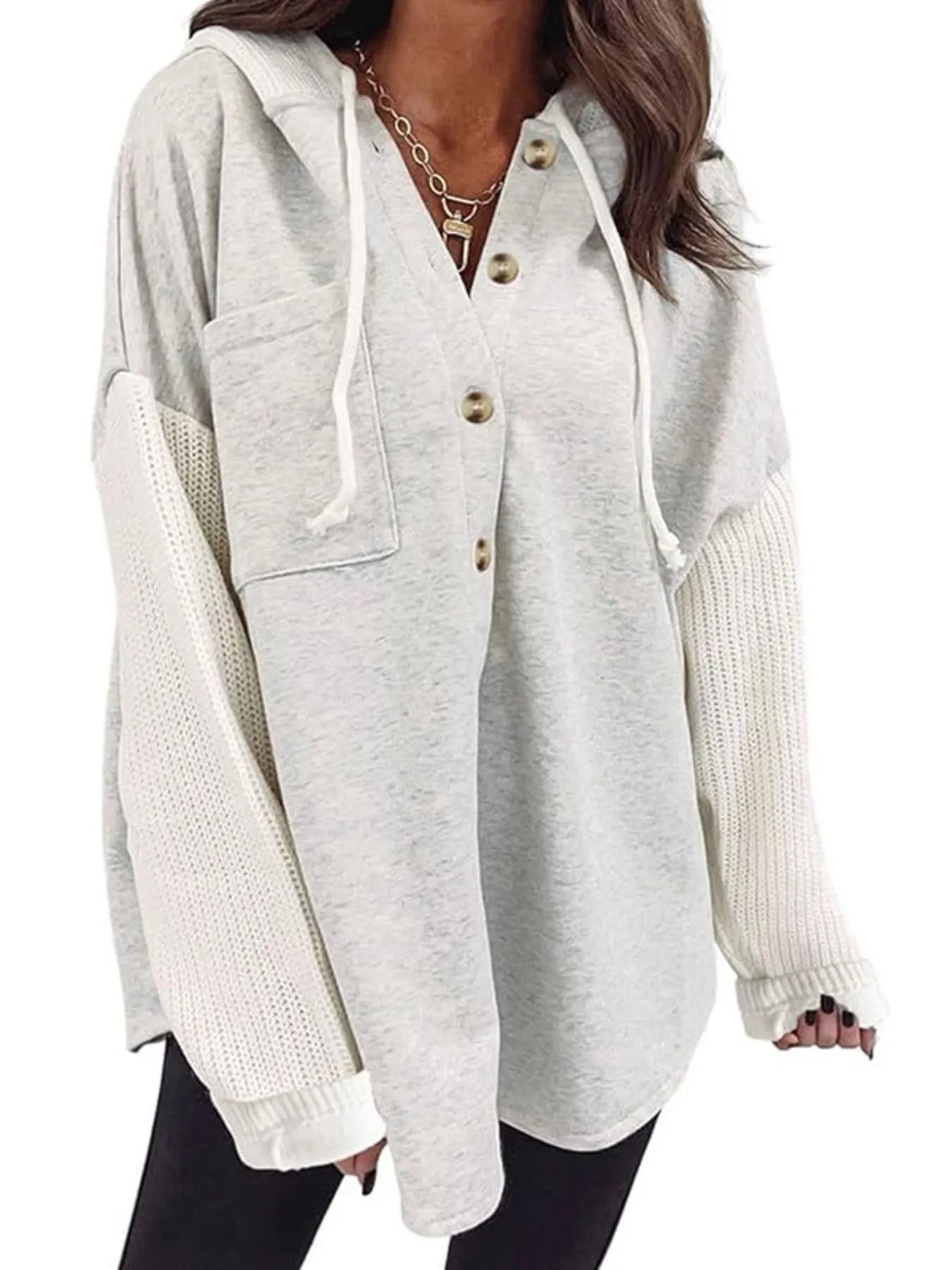 Drawstring Button Front Hoodie Trendsi