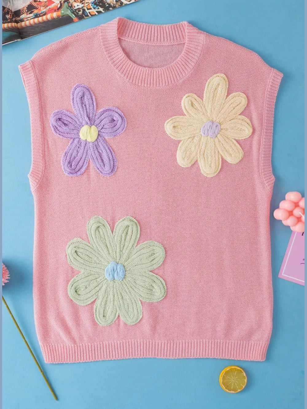 Crochet Flower Round Neck Sweater Vest nicholesgifts