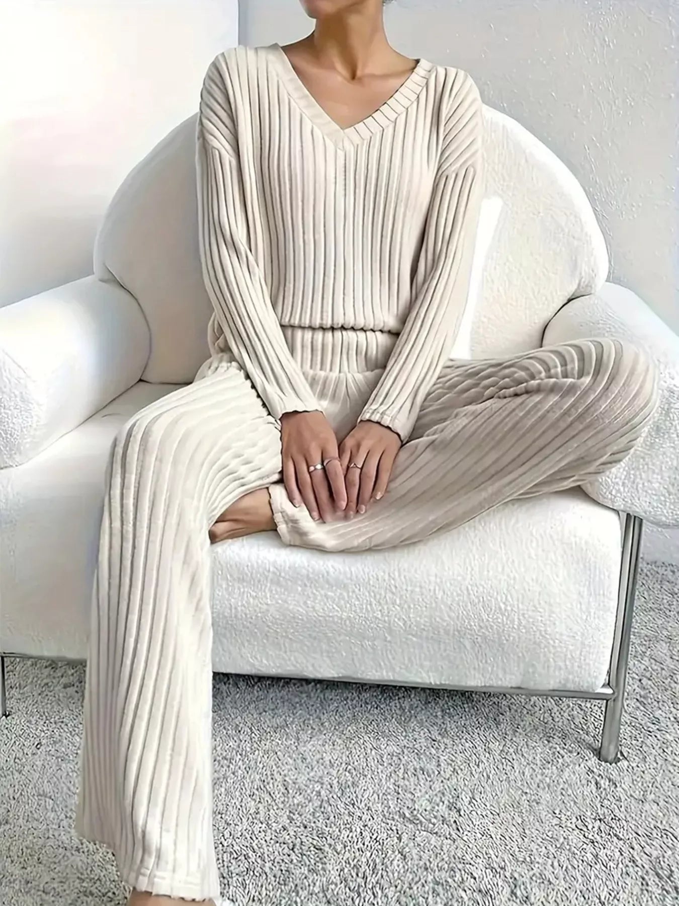 Ribbed Knit V-Neck Top and Pants Set nicholesgifts