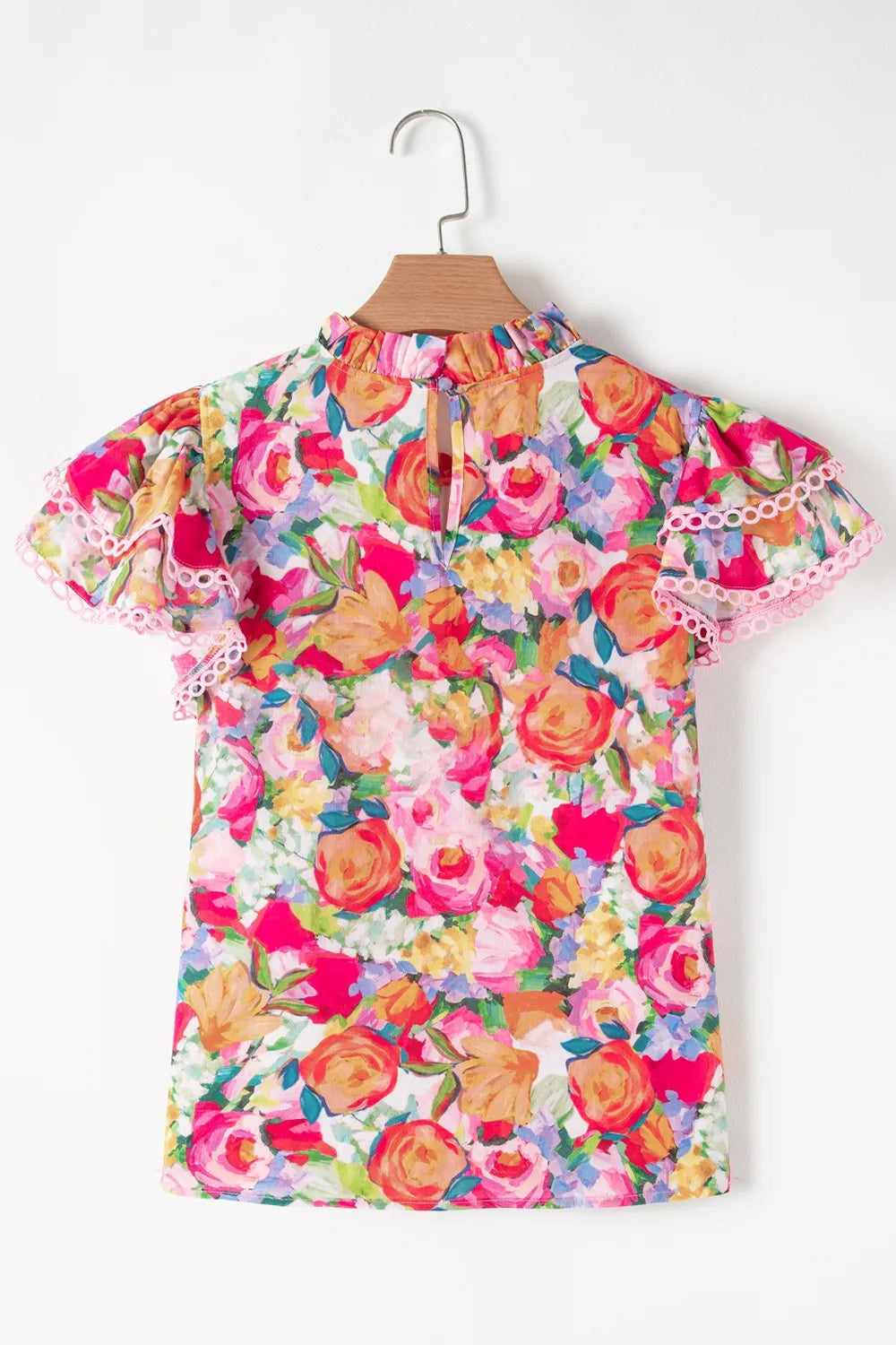 Lace Trim Ruffle Cap Sleeve Floral Blouse Trendsi