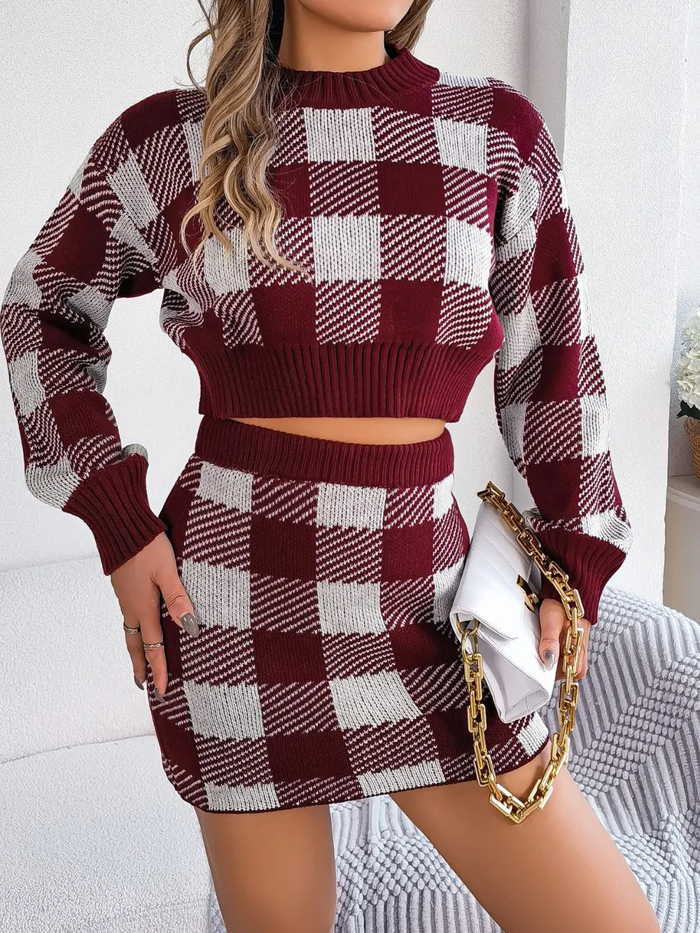 Plaid Round Neck Top and Skirt Sweater Set nicholesgifts