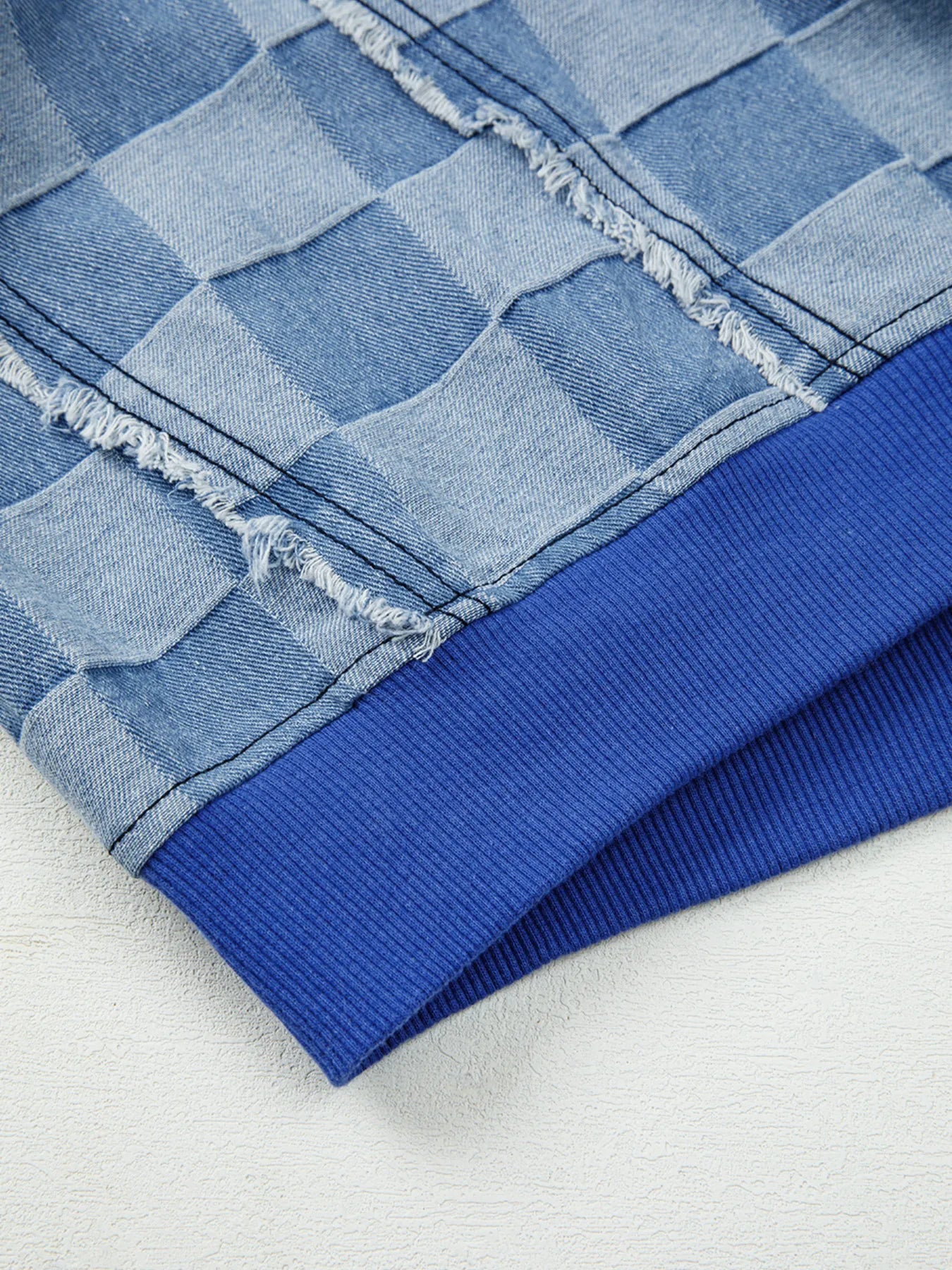 Checkerboard Splicing Raw Detail Oversized Denim Top Trendsi