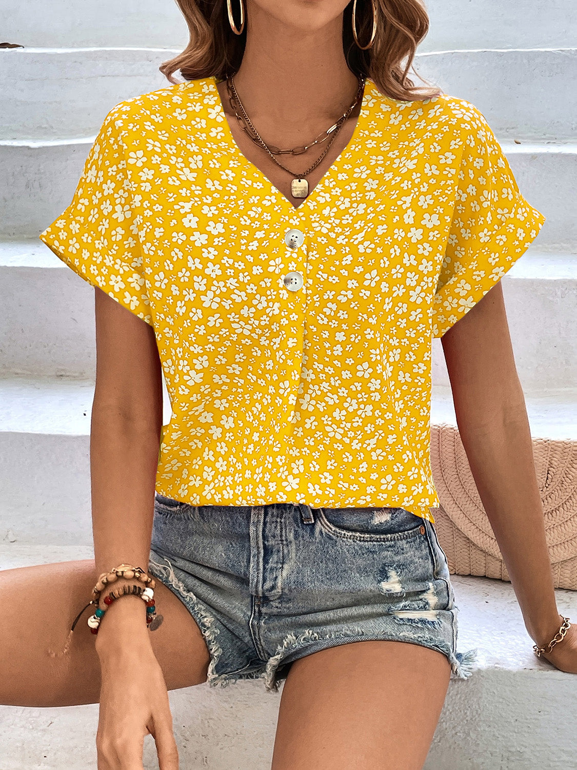 Printed V-Neck Short Sleeve Blouse nicholesgifts