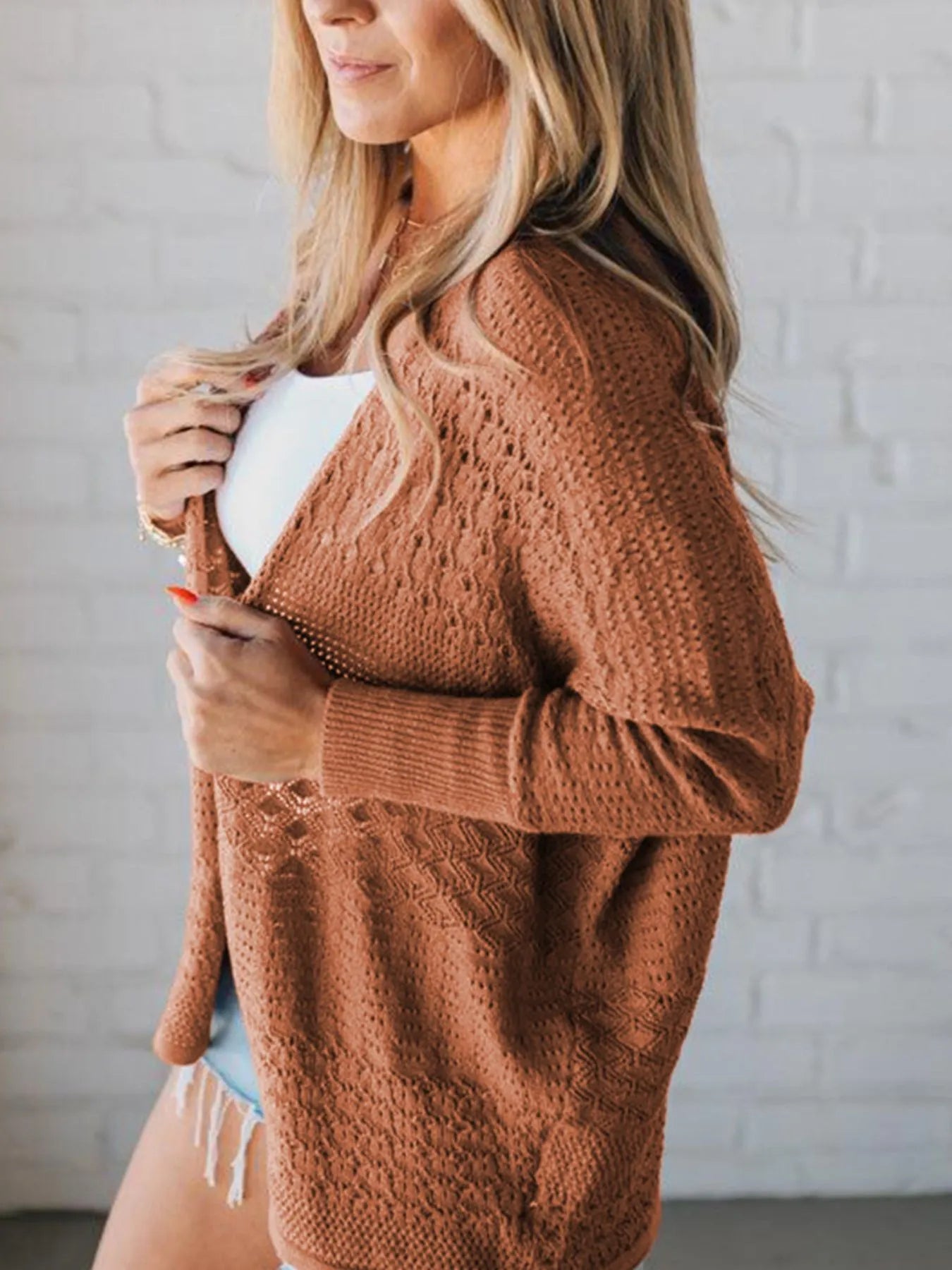 Open Front Knitted Cardigan with Eyelet Details