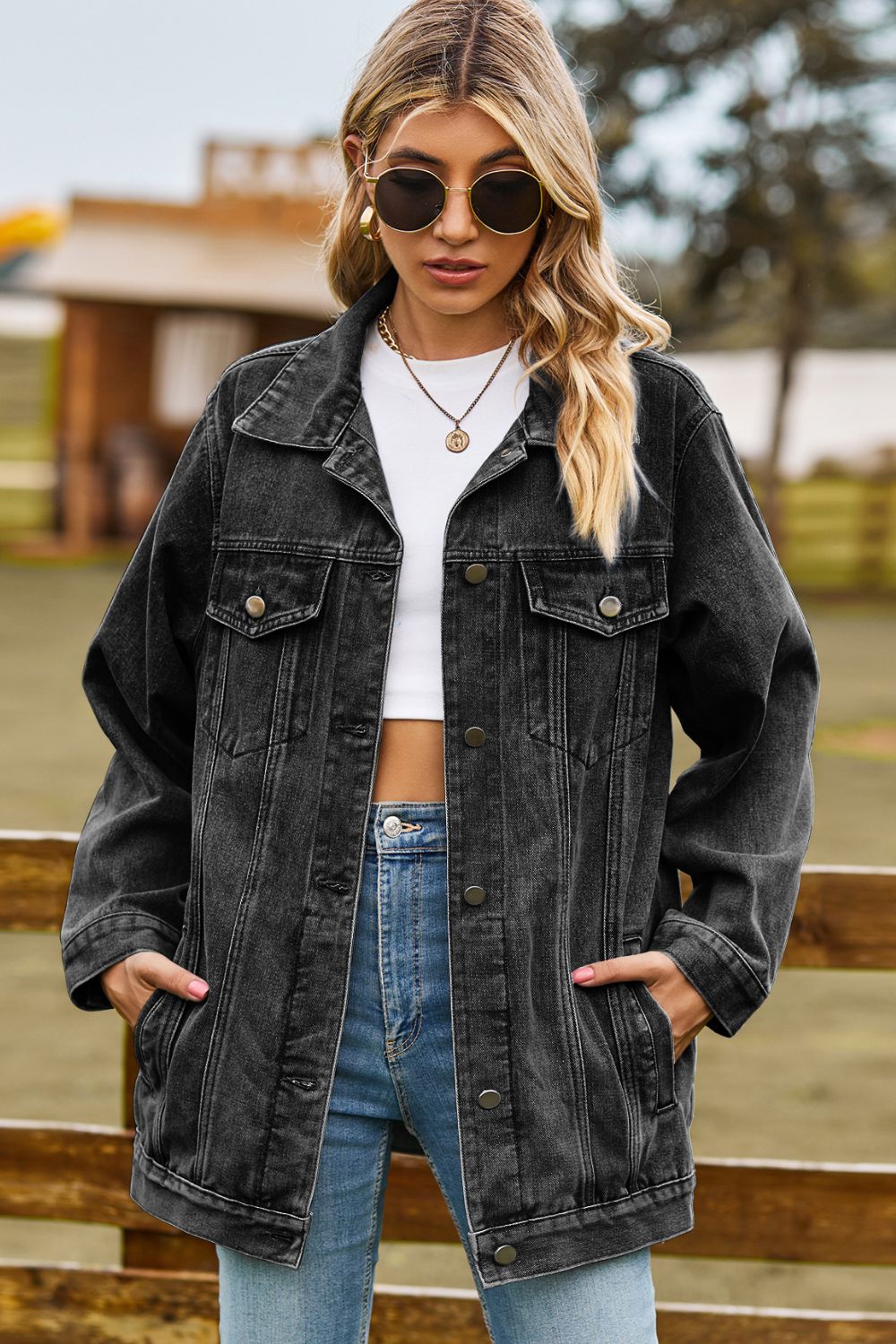 Buttoned Collared Neck Denim Jacket with Pockets Trendsi