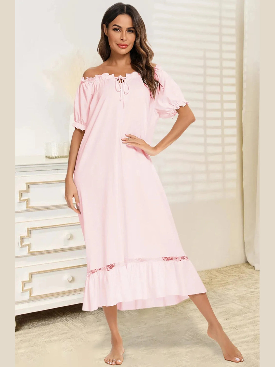 Lace Detail Short Sleeve Lounge Dress nicholesgifts