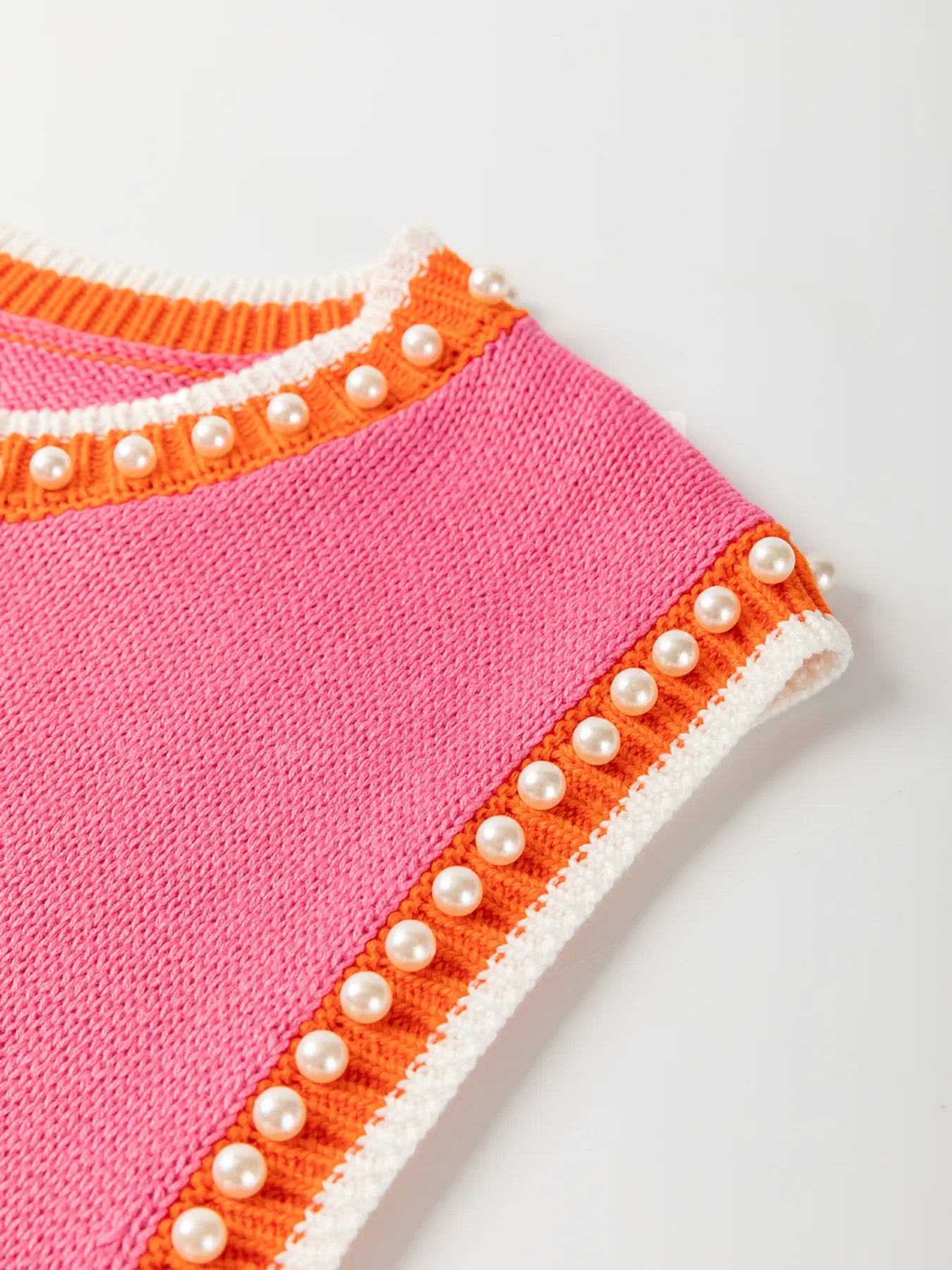 Contrast Trim Pearl Detail Sweater Tank Top