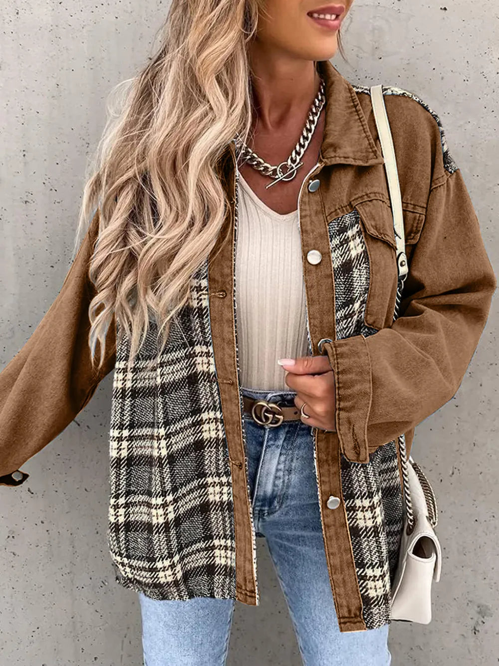 Plaid Button Up Dropped Shoulder Jacket nicholesgifts