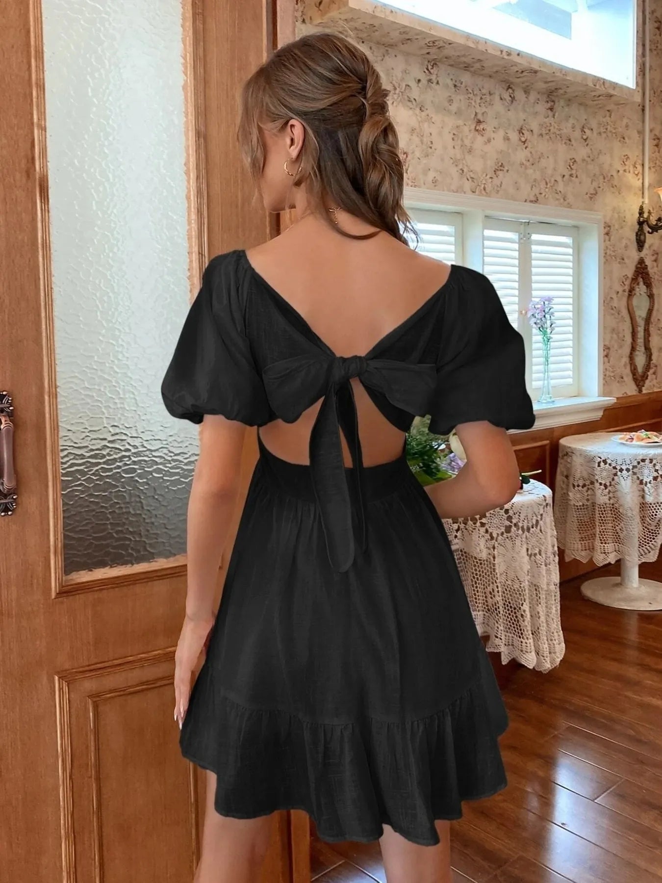Square Neck Puff Sleeve Mini Dress NicholesGifts