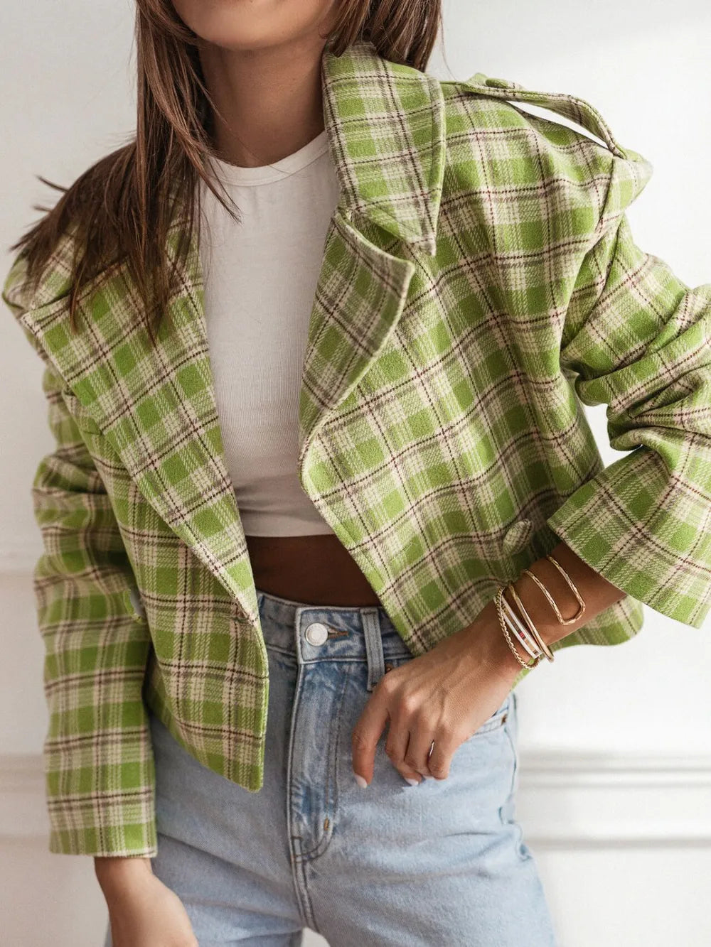 Lapel Collar Plaid Cropped Jacket Trendsi