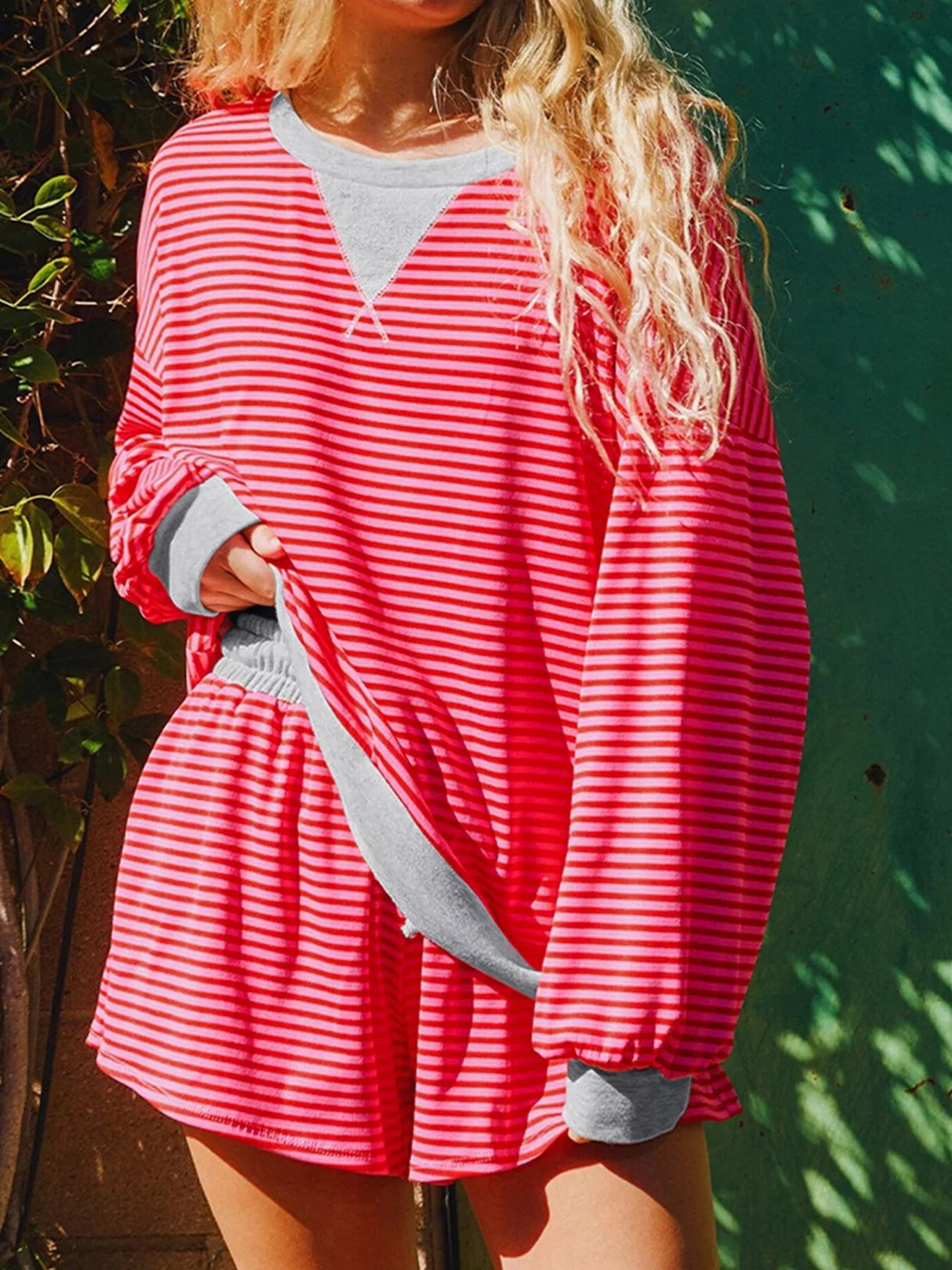 Stripe Drop Shoulder Baggy Top and Shorts Casual Set Trendsi