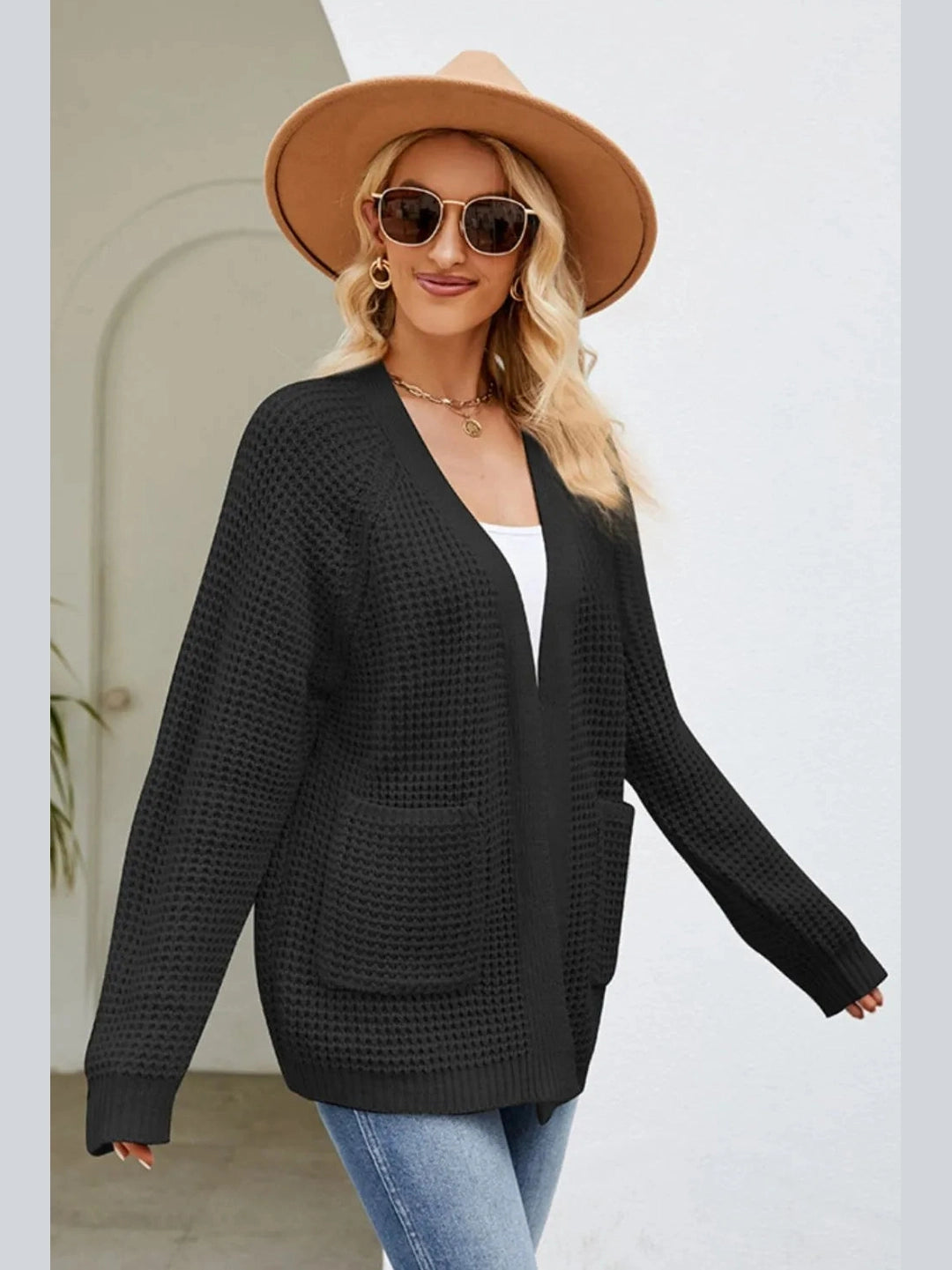 Women Open Front Raglan Sleeve Pocketed Cardigan nicholesgifts
