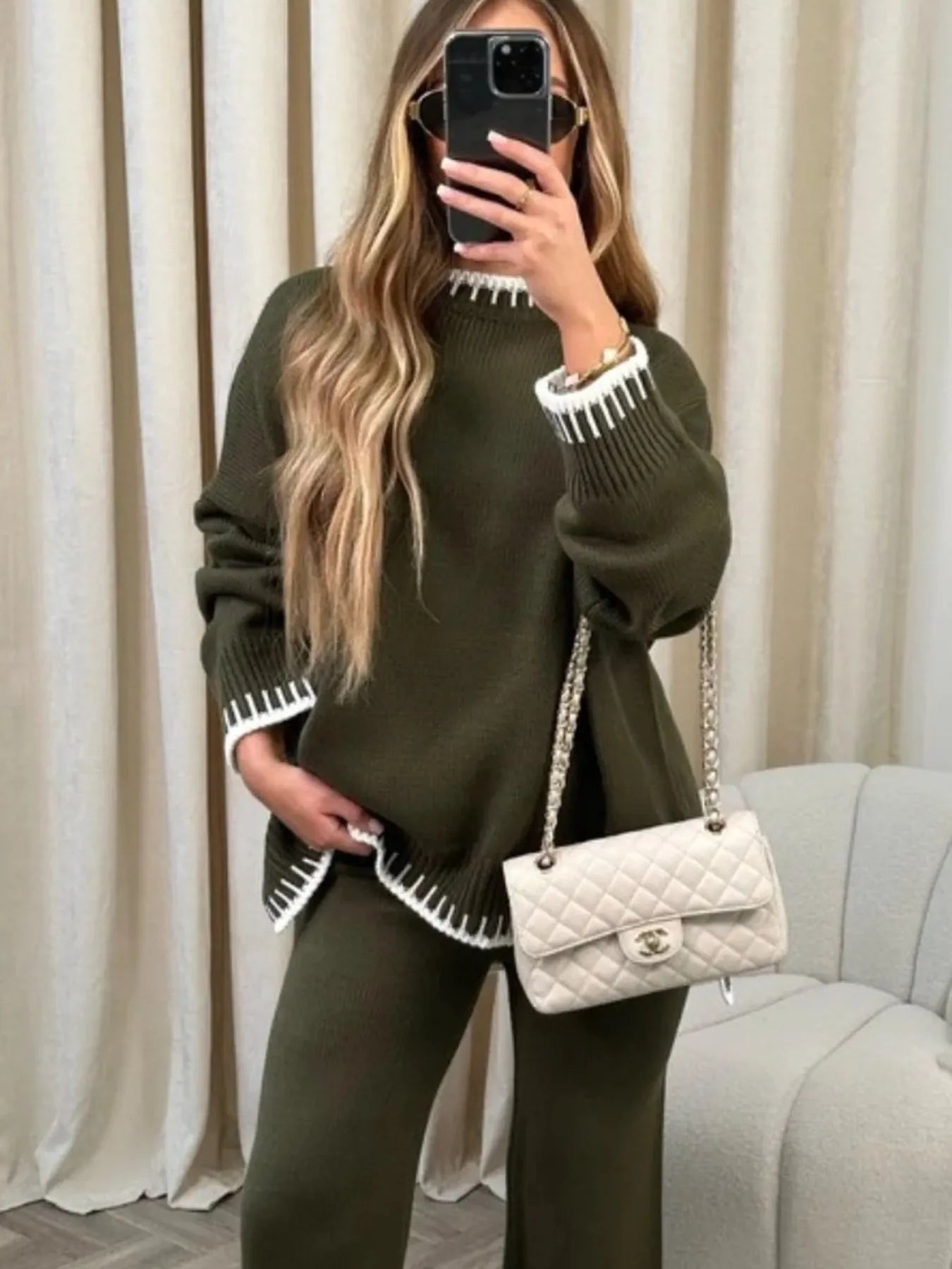Contrast Trim Round Neck Top and Pants Sweater Set NicholesGifts
