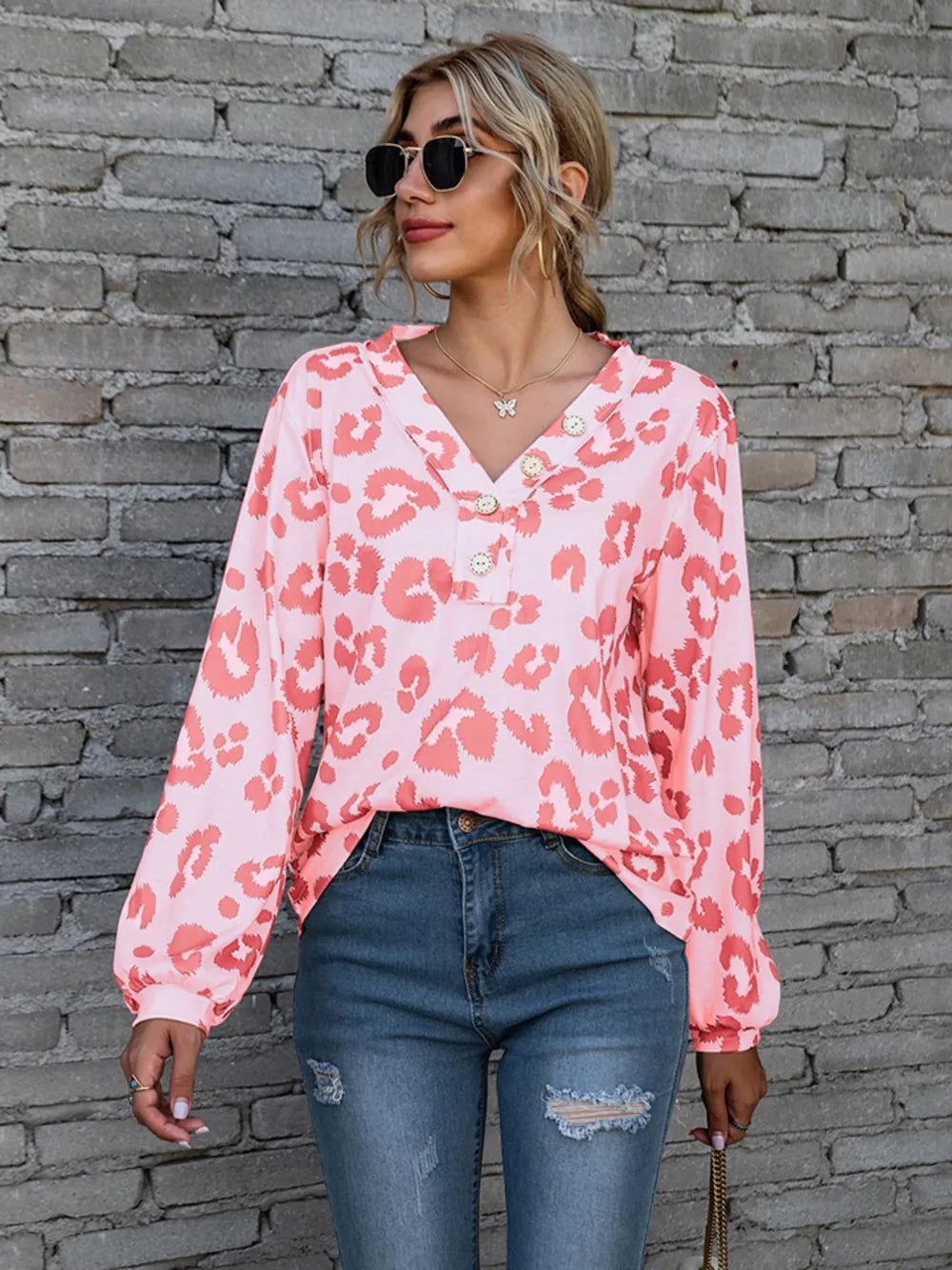 Leopard V-Neck Decorative Button Long Sleeve Blouse NicholesGifts