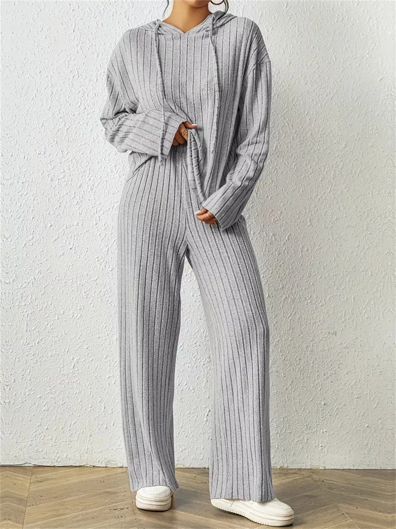 Ribbed Drawstring Hoodie and Pants Set Trendsi