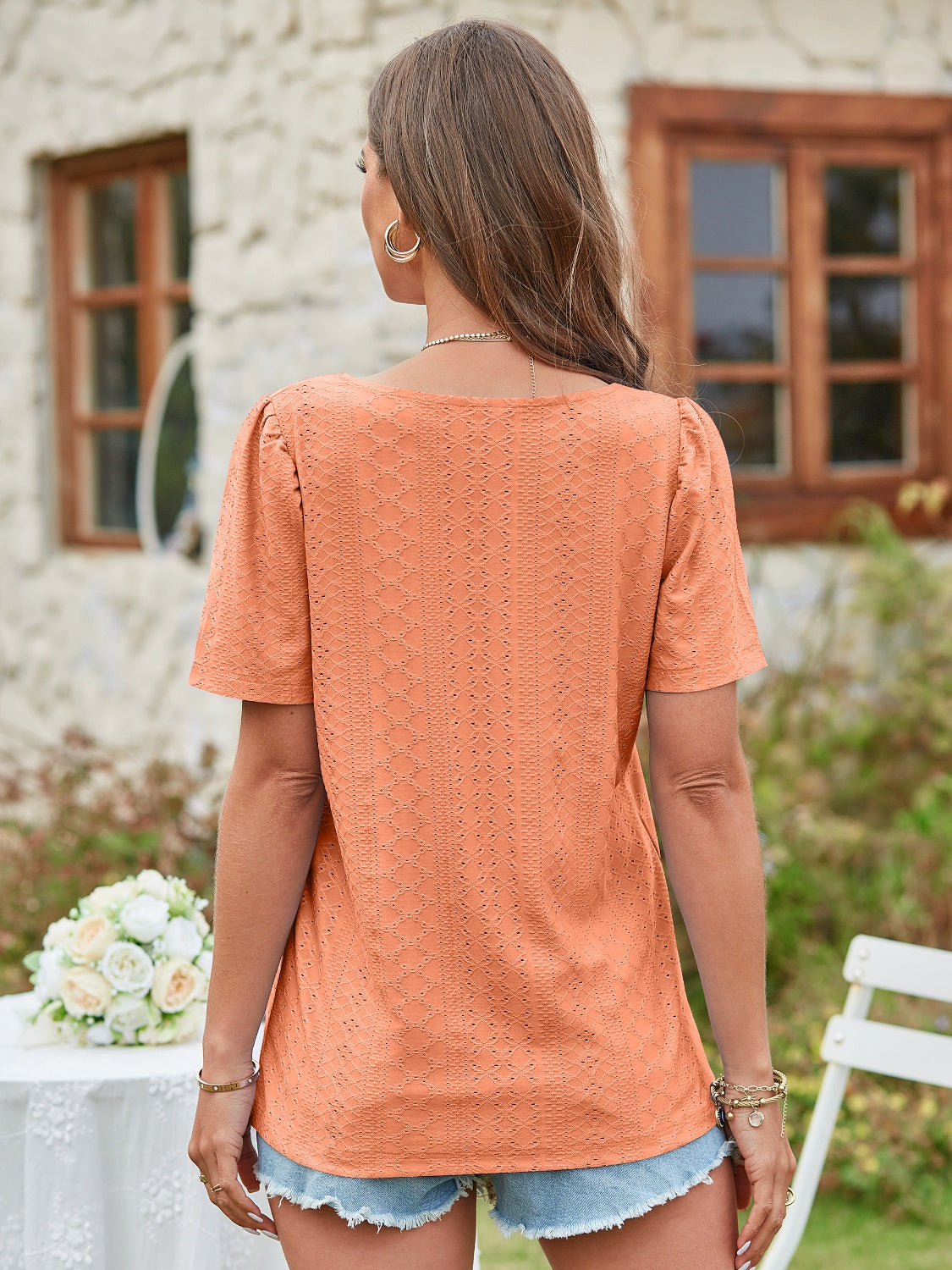 Women Eyelet Square Neck Short Sleeve Blouse nicholesgifts