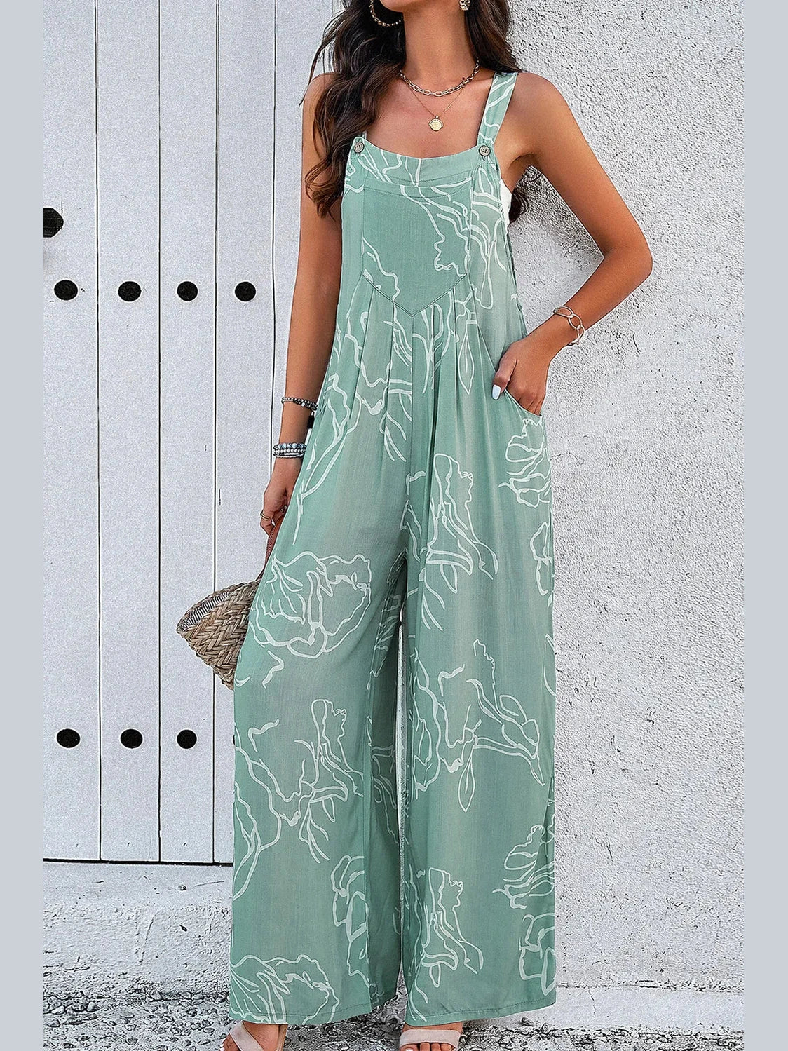 Devine Printed Wide Strap Jumpsuit with Pockets nicholesgifts