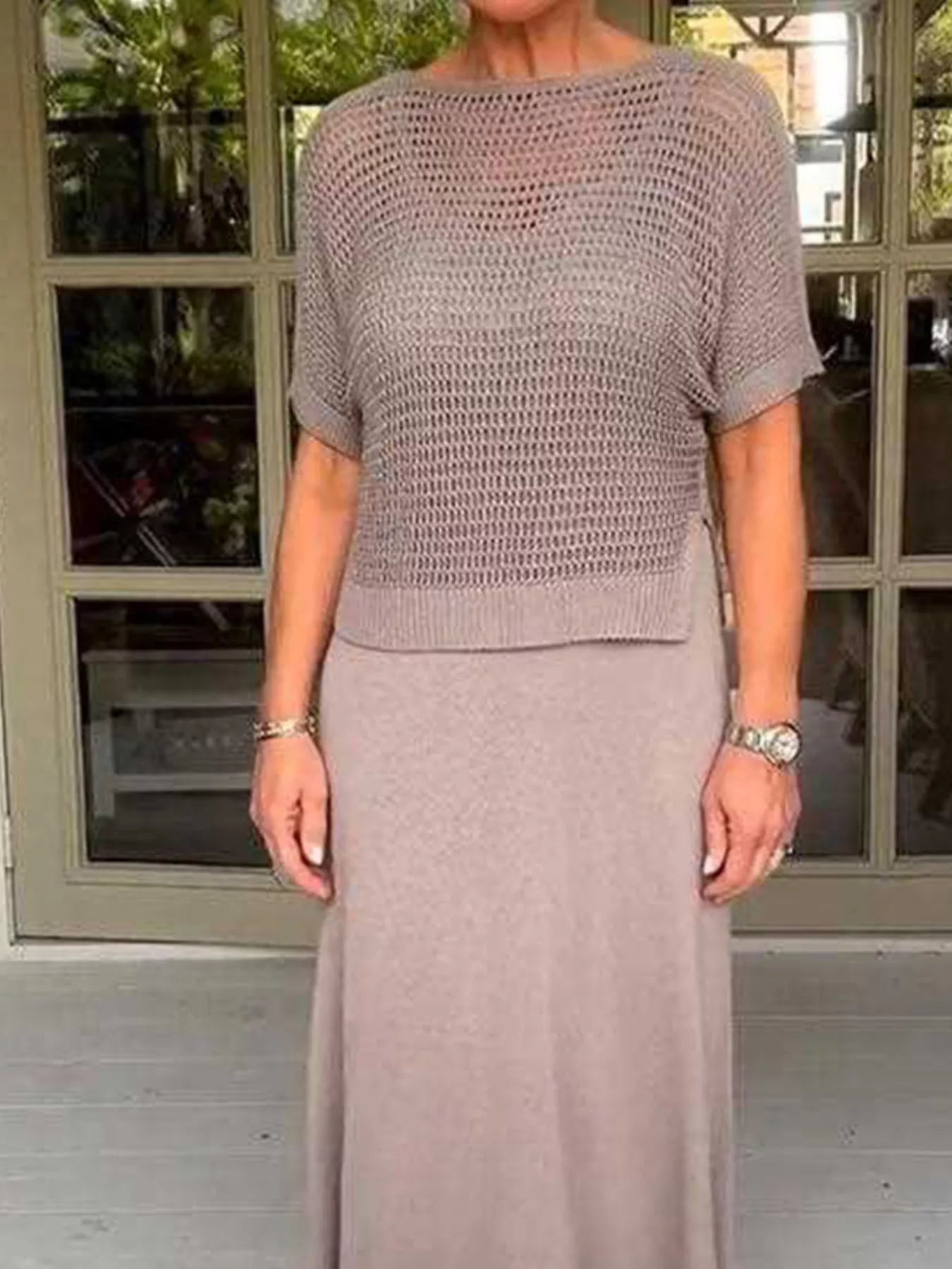 Full Size Openwork Knit Cover Up and Dress Set Plus Size Trendsi