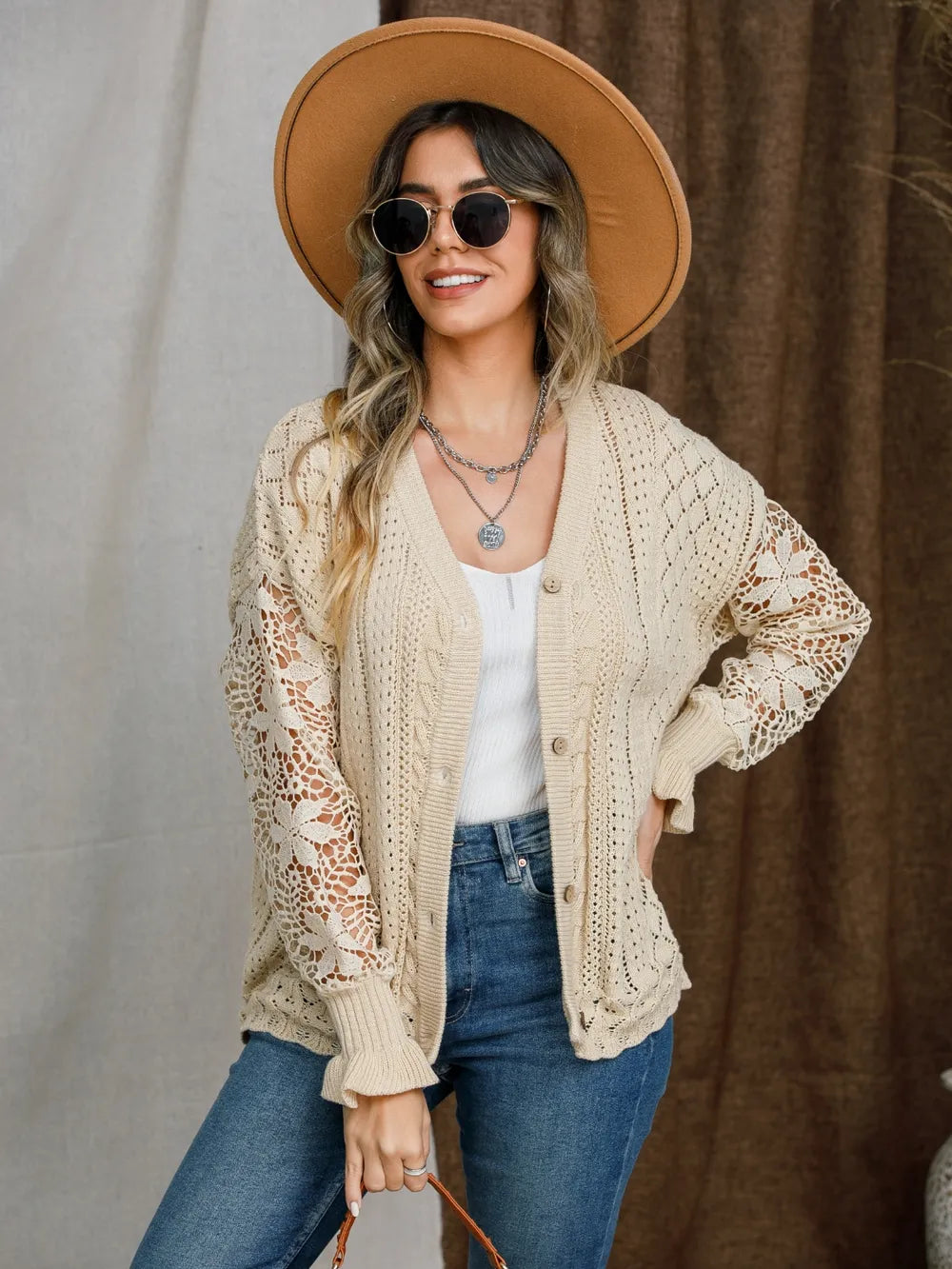 Eyelet Button Up Lantern Sleeve Cardigan nicholesgifts