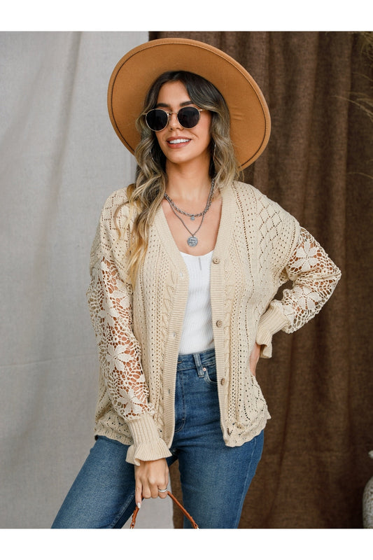 Women Eyelet Button Up Lantern Sleeve Cardigan NicholesGifts