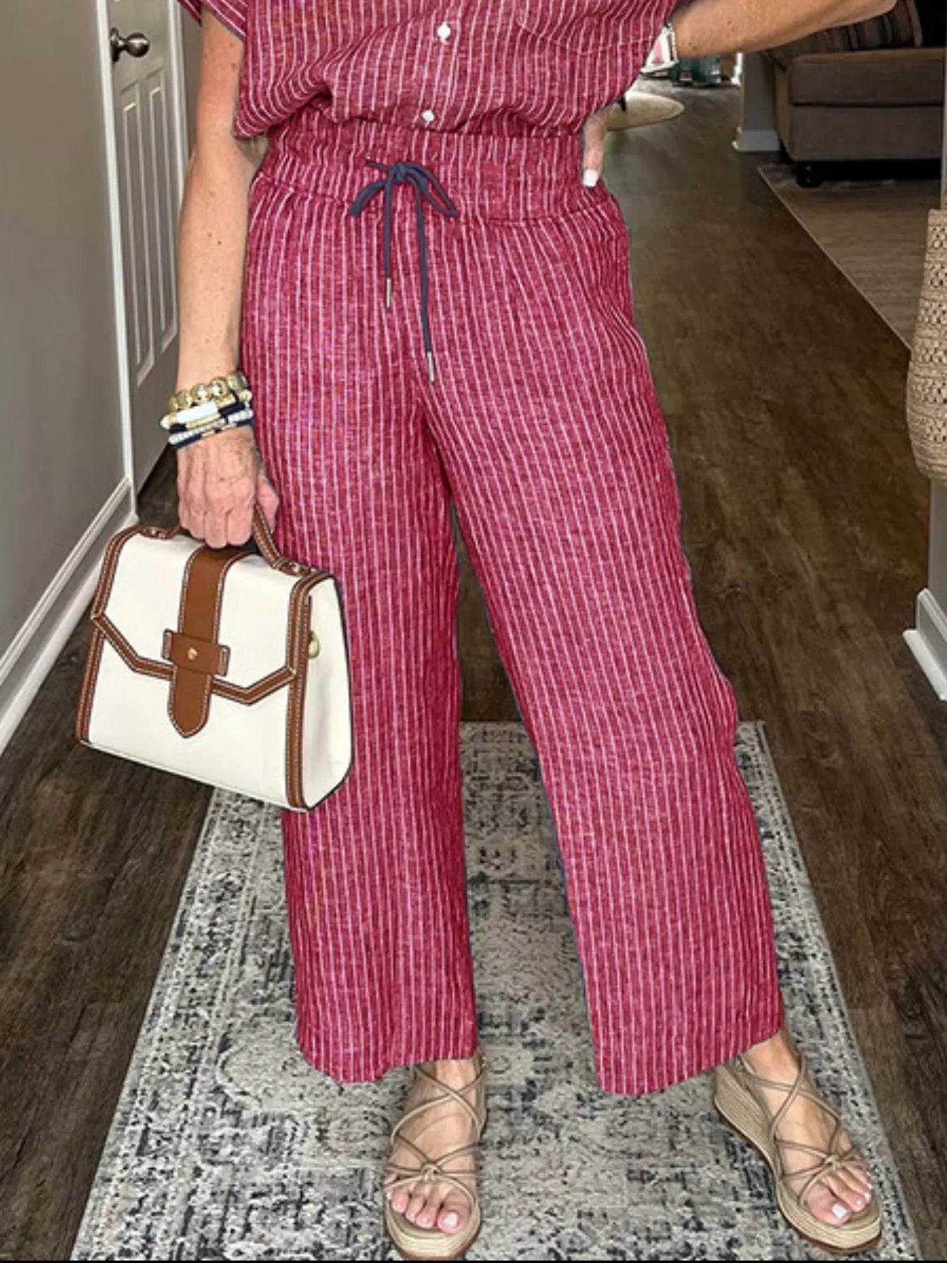 Full Size Striped Button-Up Shirt and Wide Leg Pants Casual Set Plus Size Trendsi