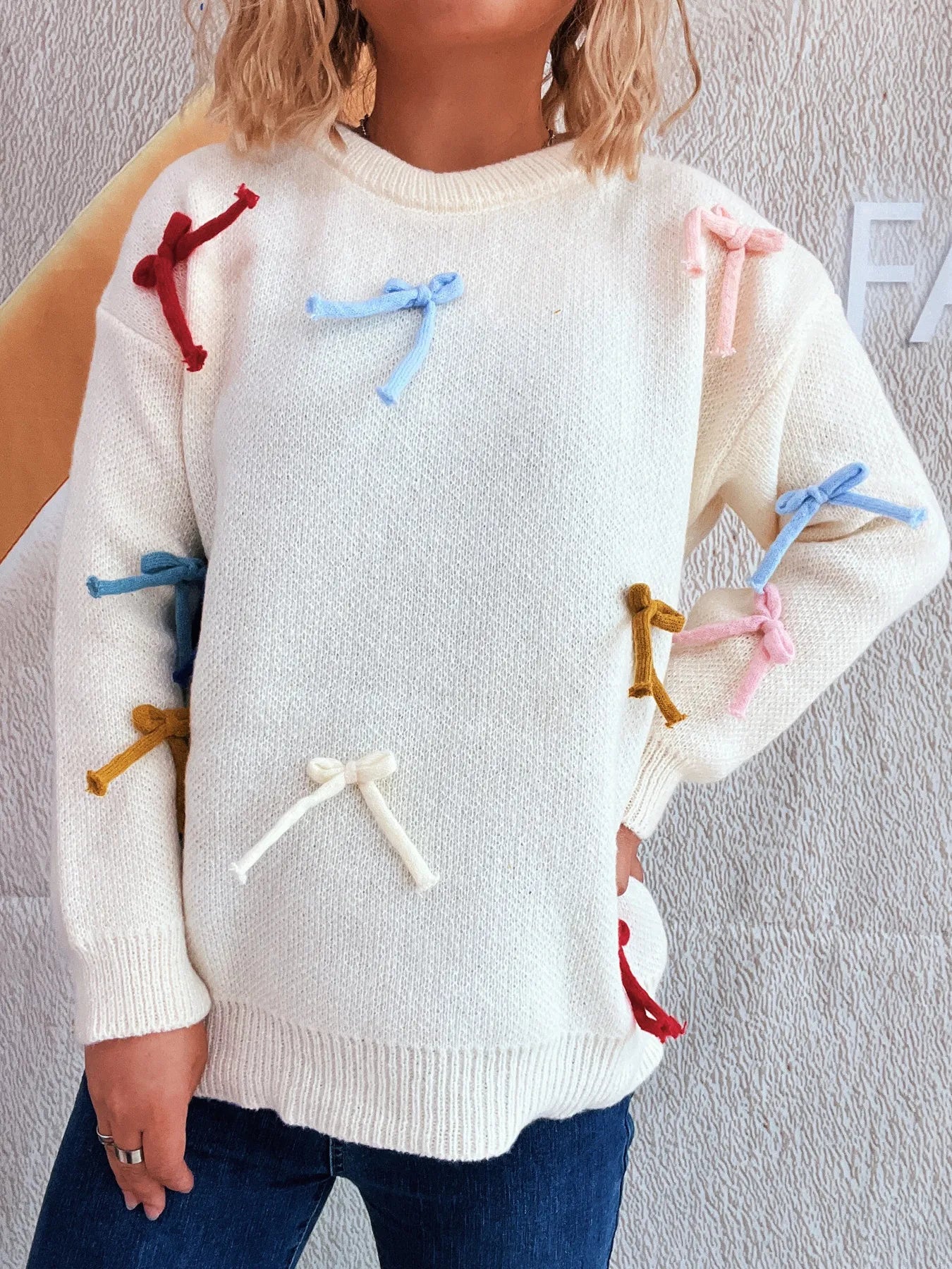 Colorful Bow Round Neck Sweater