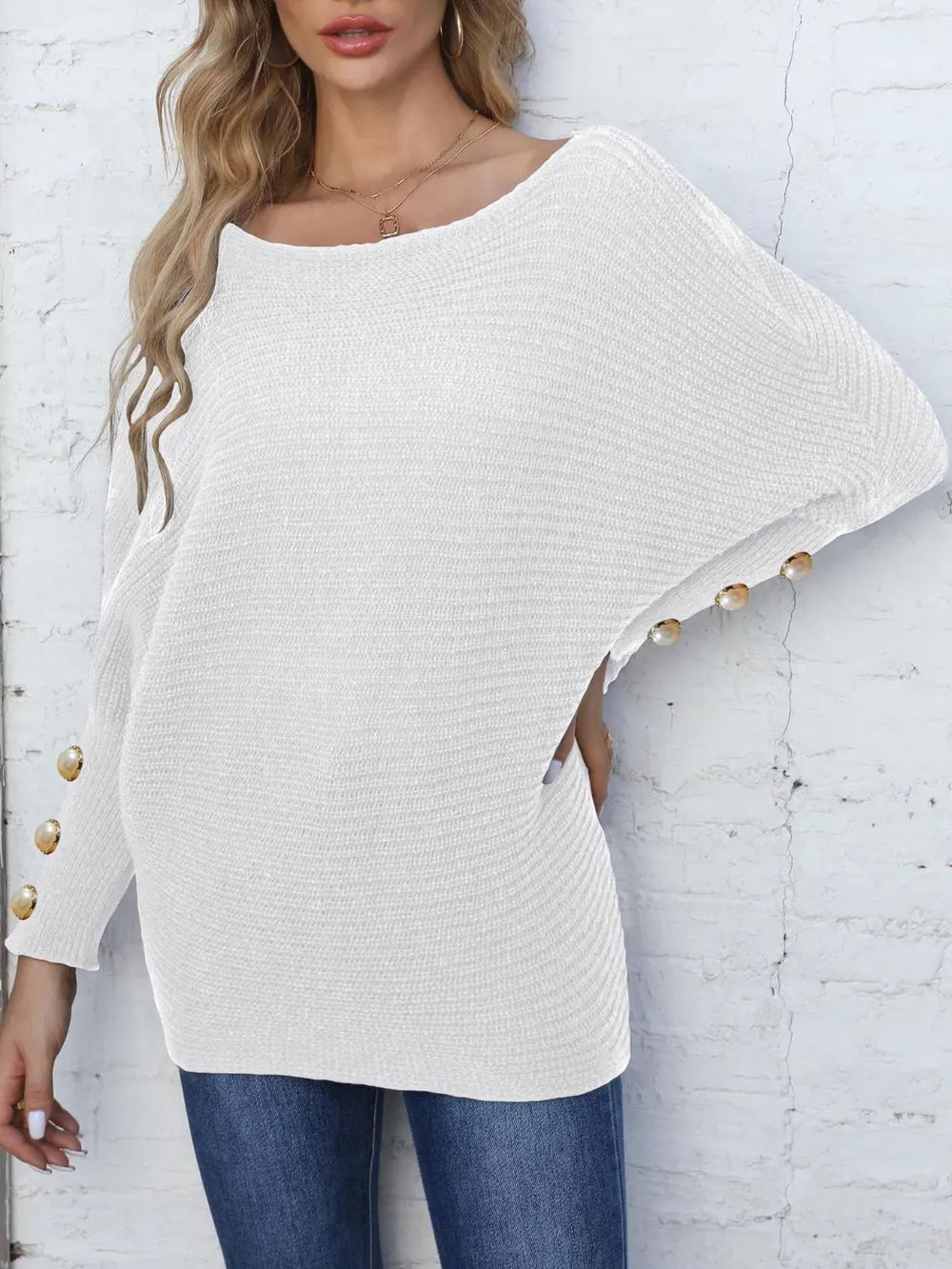 Full Size Boat Neck Long Sleeve Sweater Trendsi