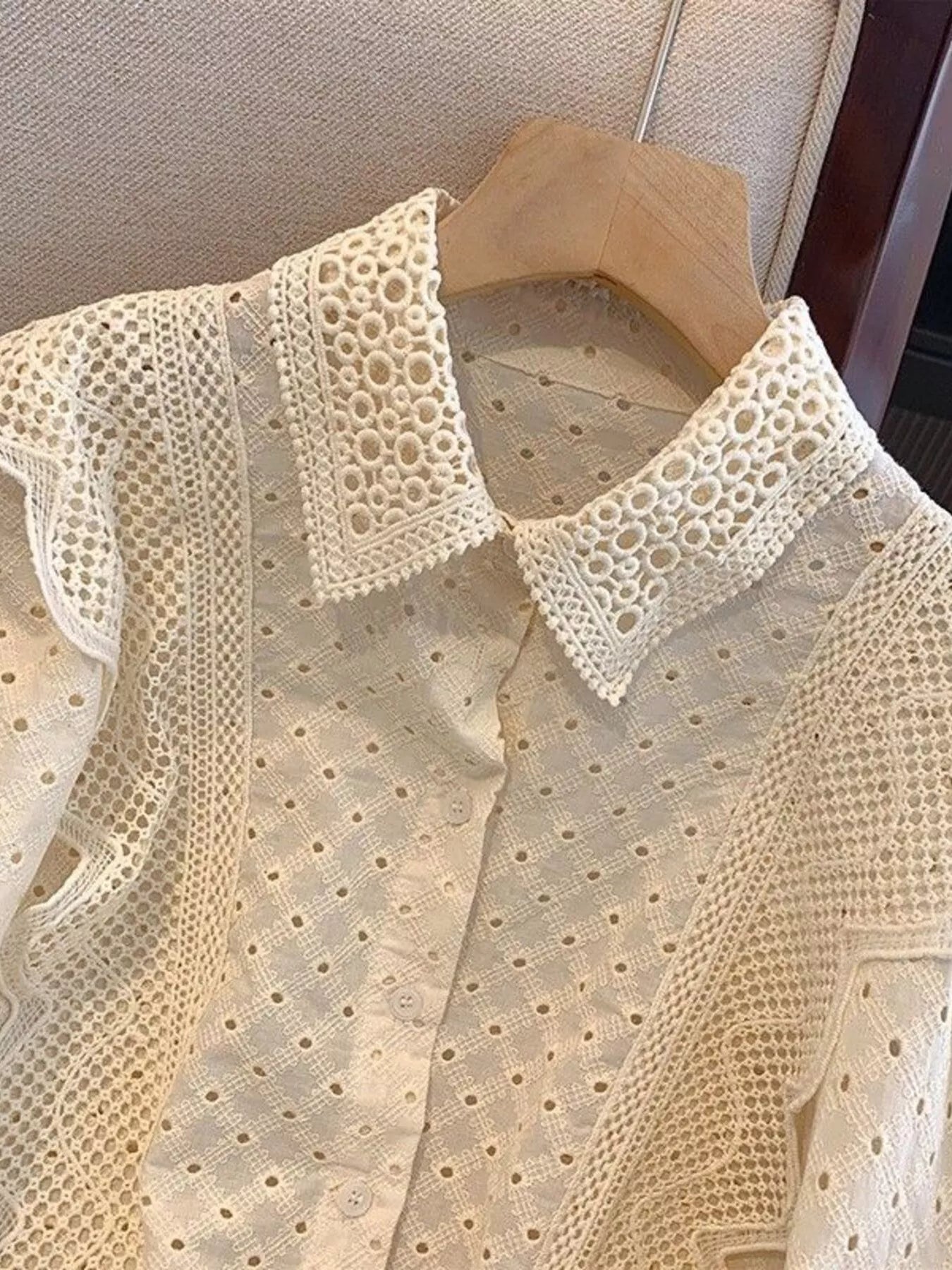 Eyelet Button-Up Shirt with Scalloped Hem