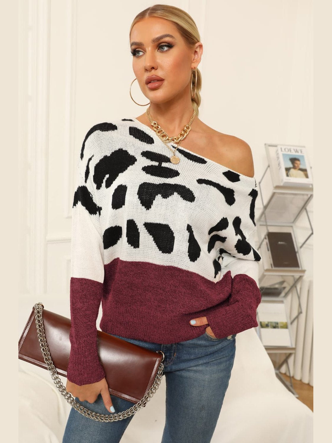 Full Size Two-Tone Boat Neck Sweater Trendsi