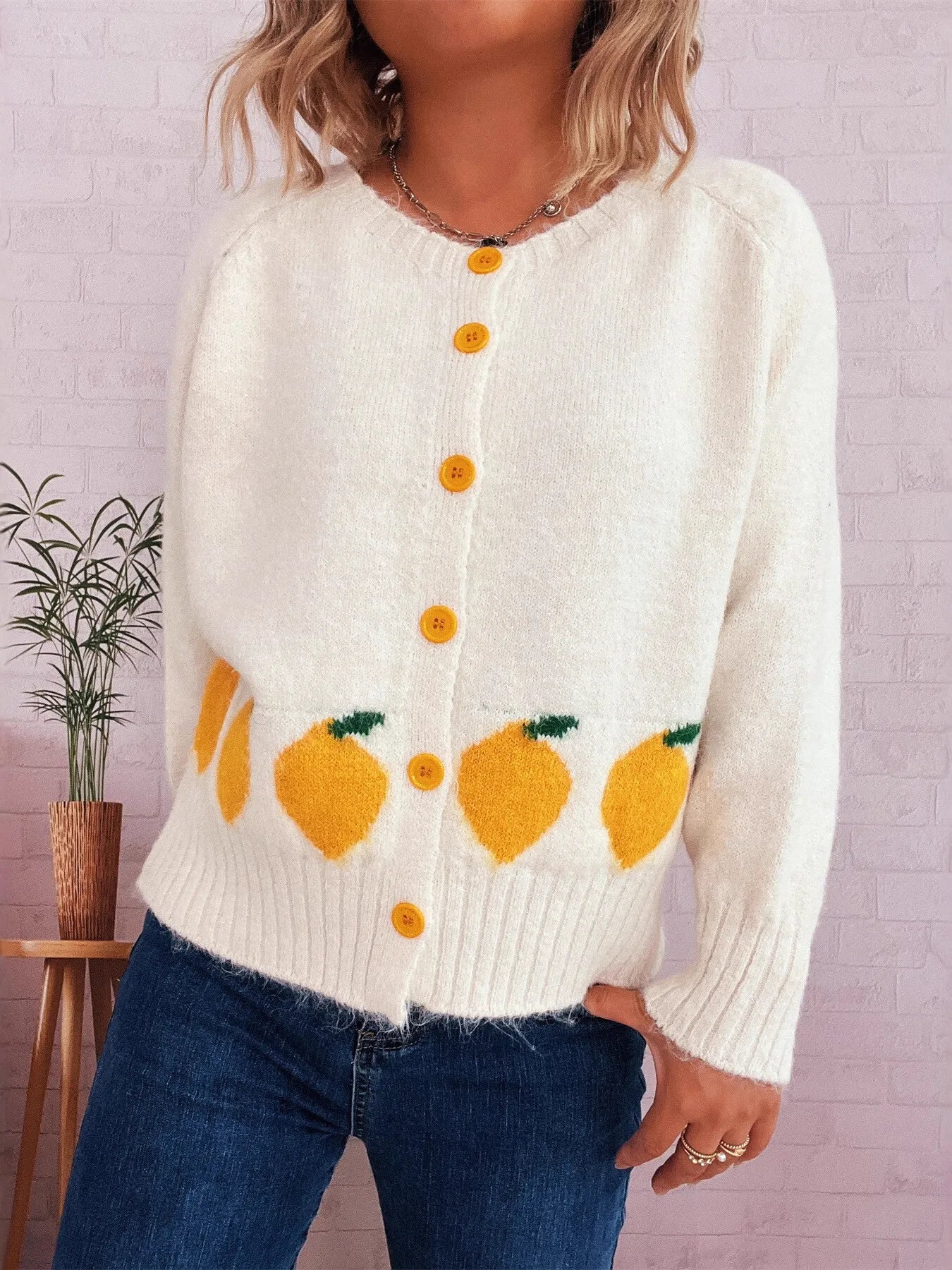 Lemon Pattern Button-Up Cardigan