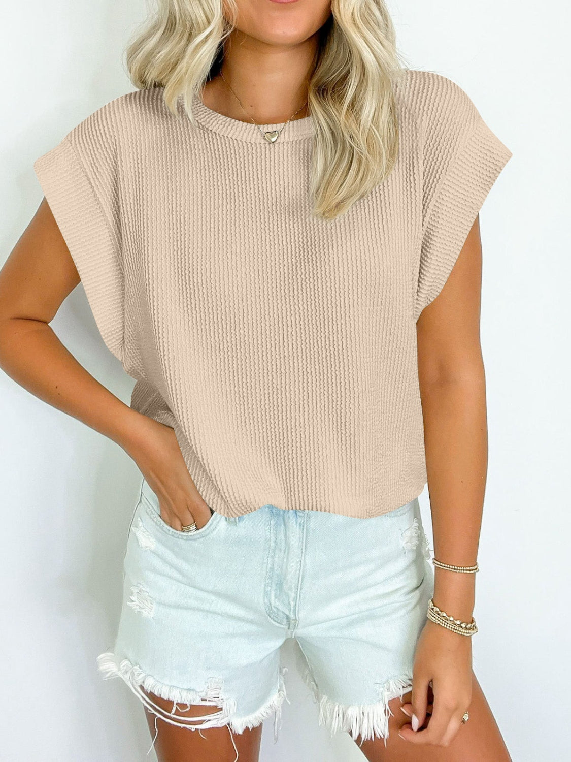 Textured Round Neck Cap Sleeve Blouse nicholesgifts