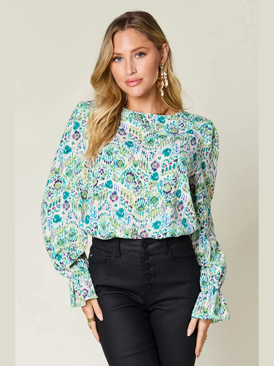 Double Take Full Size Printed Flounce Sleeve Blouse