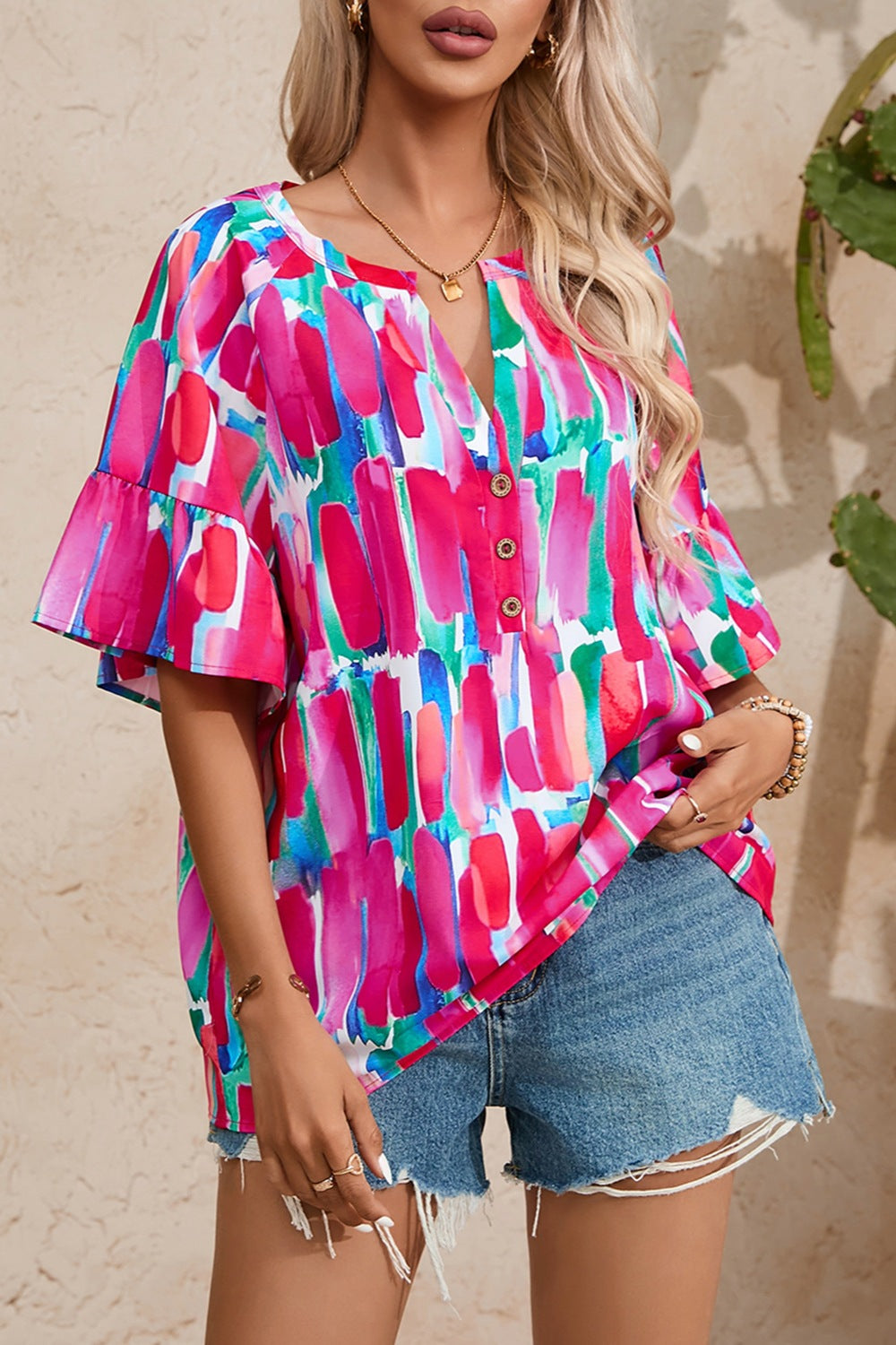 Printed Notched Half Sleeve Blouse nicholesgifts