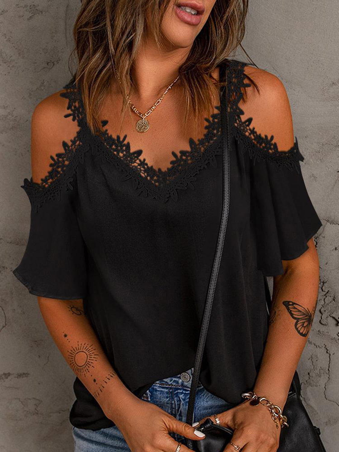 Lace Detail V-Neck Half Sleeve Blouse nicholesgifts